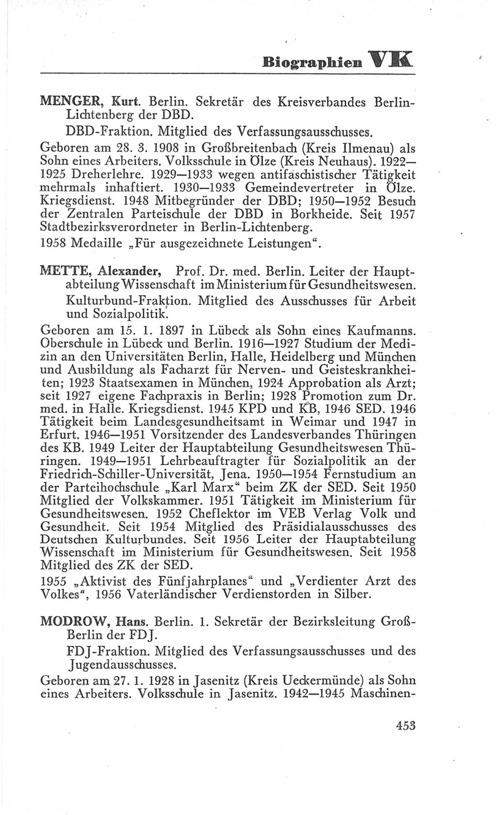 Handbuch der Volkskammer (VK) der Deutschen Demokratischen Republik (DDR), 3. Wahlperiode 1958-1963, Seite 453 (Hdb. VK. DDR 3. WP. 1958-1963, S. 453)