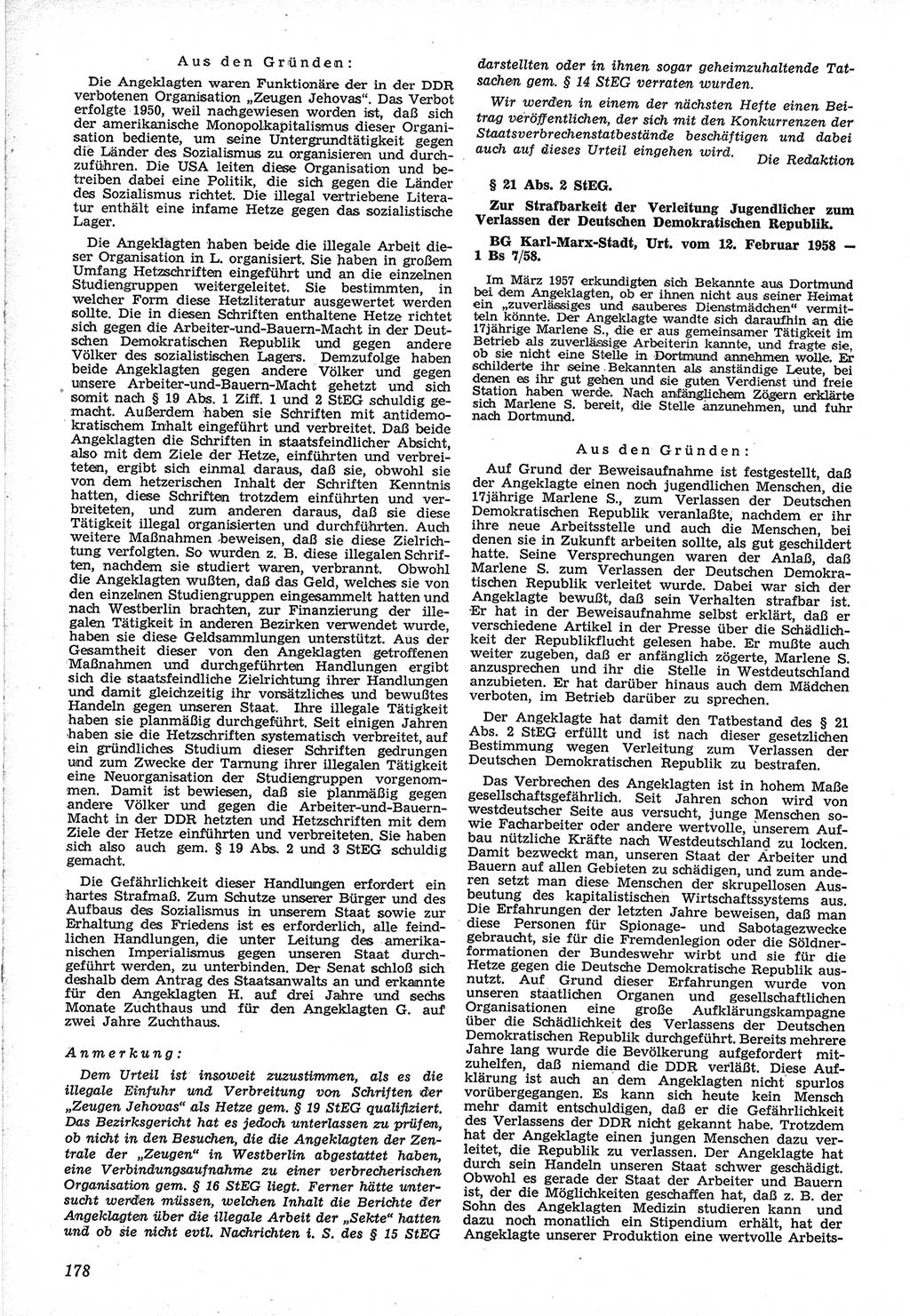 Neue Justiz (NJ), Zeitschrift für Recht und Rechtswissenschaft [Deutsche Demokratische Republik (DDR)], 12. Jahrgang 1958, Seite 178 (NJ DDR 1958, S. 178)