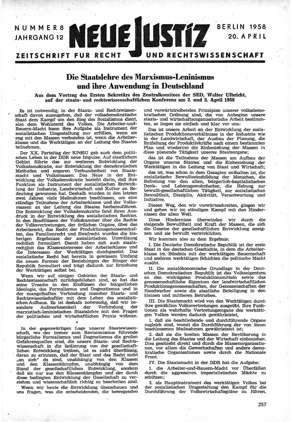 Neue Justiz (NJ), Zeitschrift für Recht und Rechtswissenschaft [Deutsche Demokratische Republik (DDR)], 12. Jahrgang 1958, Seite 257 (NJ DDR 1958, S. 257)