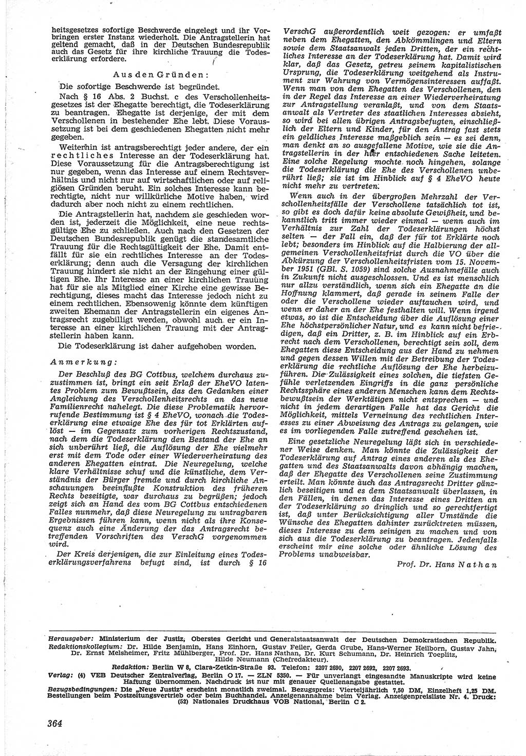 Neue Justiz (NJ), Zeitschrift für Recht und Rechtswissenschaft [Deutsche Demokratische Republik (DDR)], 12. Jahrgang 1958, Seite 364 (NJ DDR 1958, S. 364)