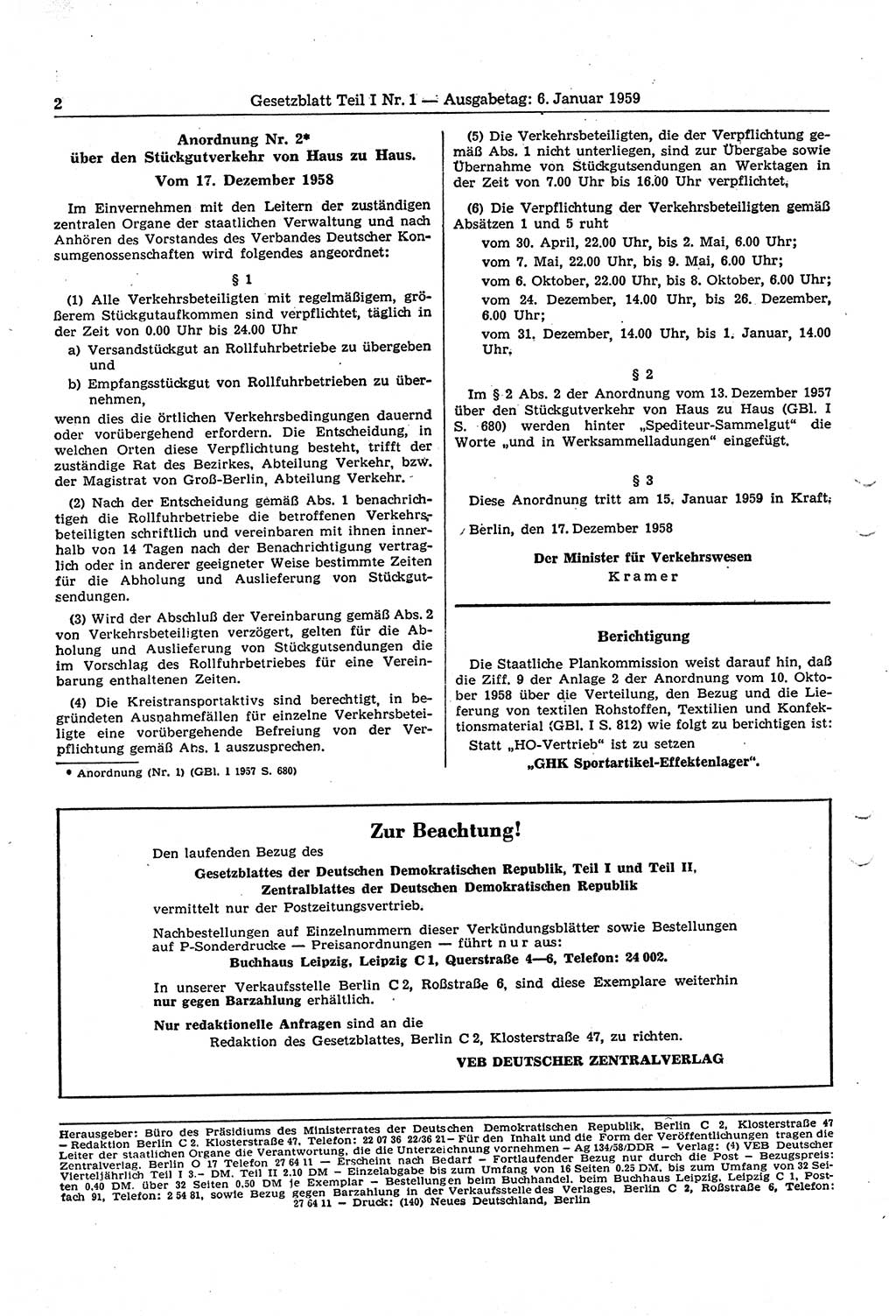 Gesetzblatt (GBl.) der Deutschen Demokratischen Republik (DDR) Teil Ⅰ 1959, Seite 2 (GBl. DDR Ⅰ 1959, S. 2)