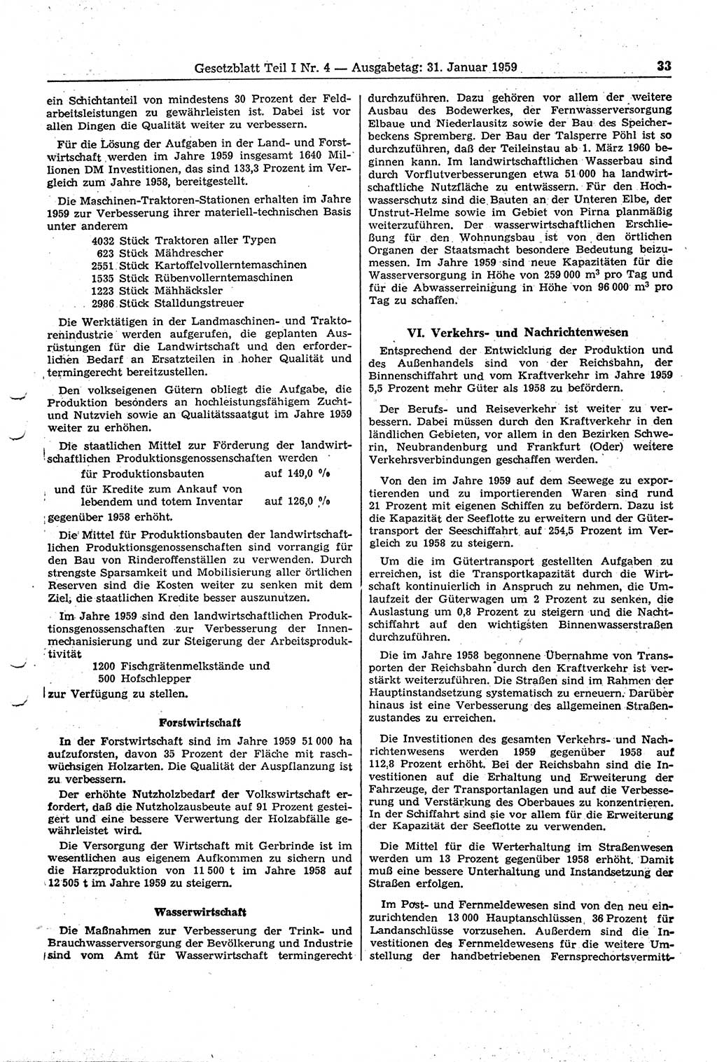 Gesetzblatt (GBl.) der Deutschen Demokratischen Republik (DDR) Teil Ⅰ 1959, Seite 33 (GBl. DDR Ⅰ 1959, S. 33)