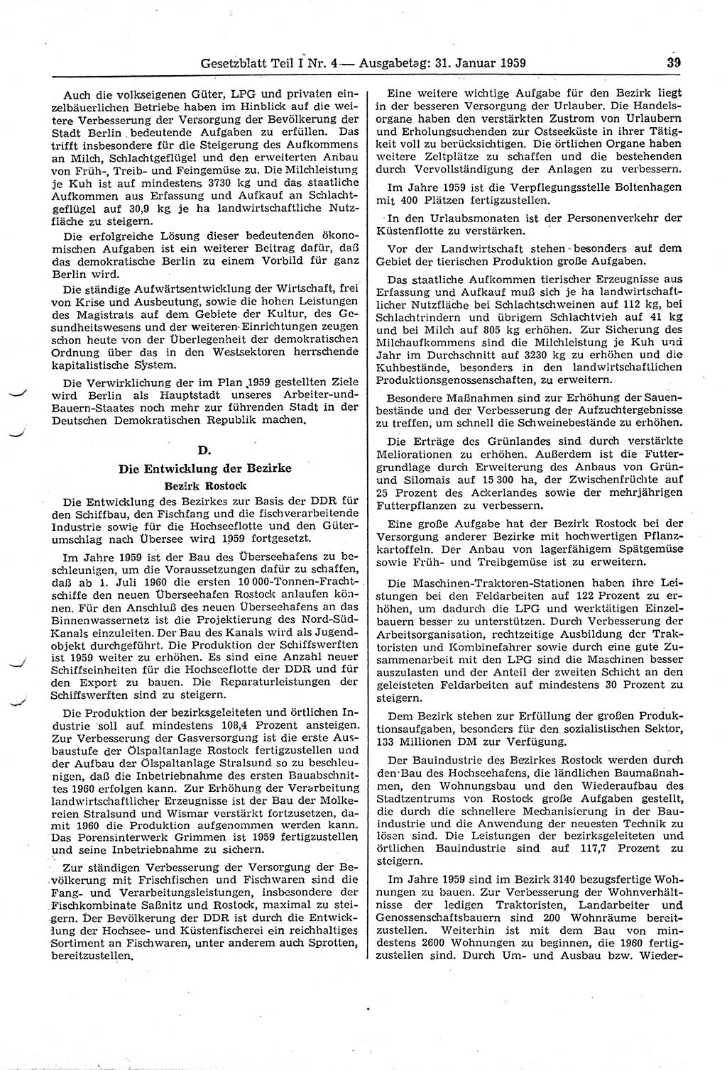 Gesetzblatt (GBl.) der Deutschen Demokratischen Republik (DDR) Teil Ⅰ 1959, Seite 39 (GBl. DDR Ⅰ 1959, S. 39)