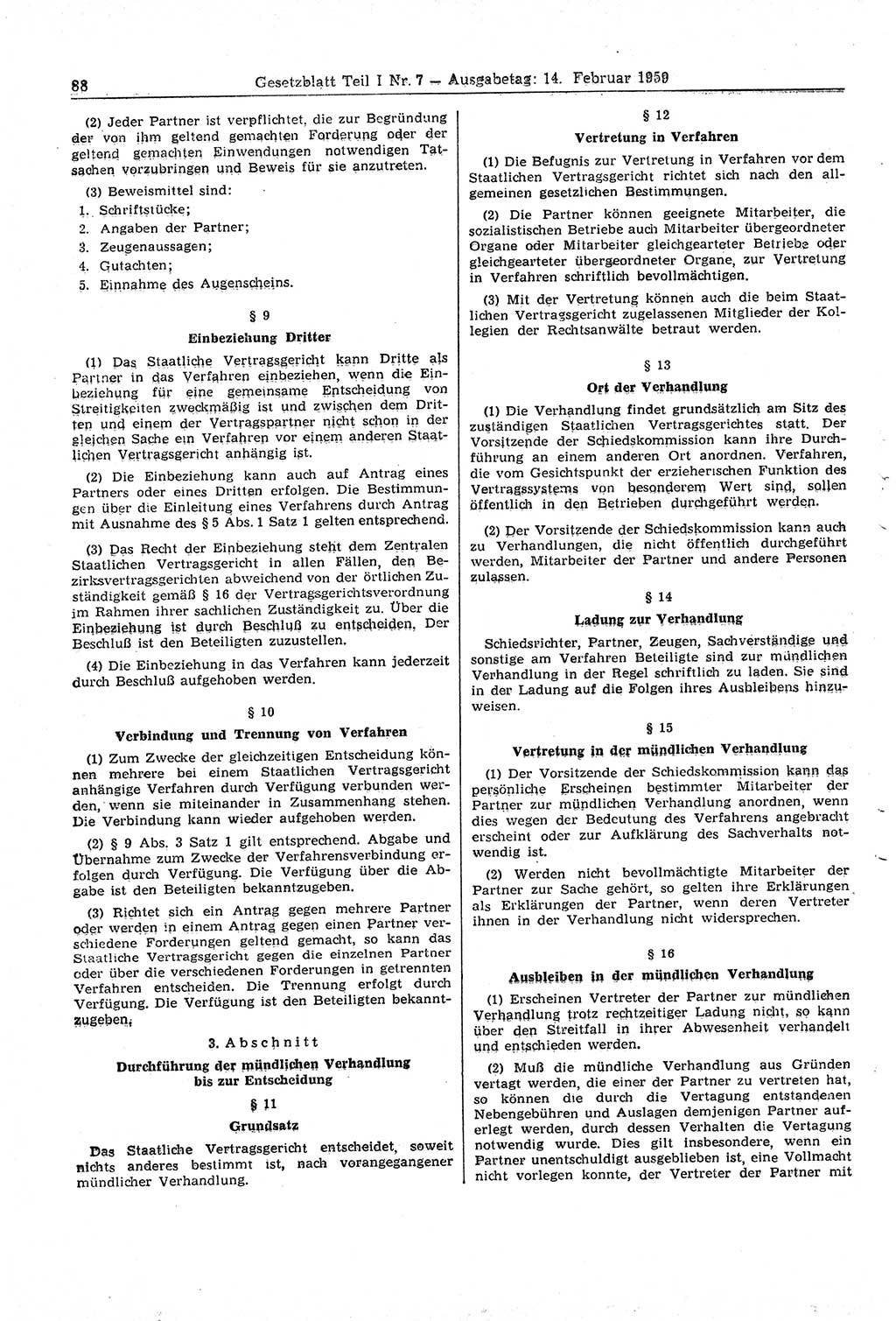 Gesetzblatt (GBl.) der Deutschen Demokratischen Republik (DDR) Teil Ⅰ 1959, Seite 88 (GBl. DDR Ⅰ 1959, S. 88)