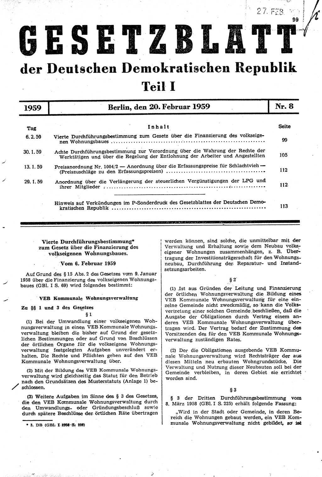 Gesetzblatt (GBl.) der Deutschen Demokratischen Republik (DDR) Teil Ⅰ 1959, Seite 99 (GBl. DDR Ⅰ 1959, S. 99)