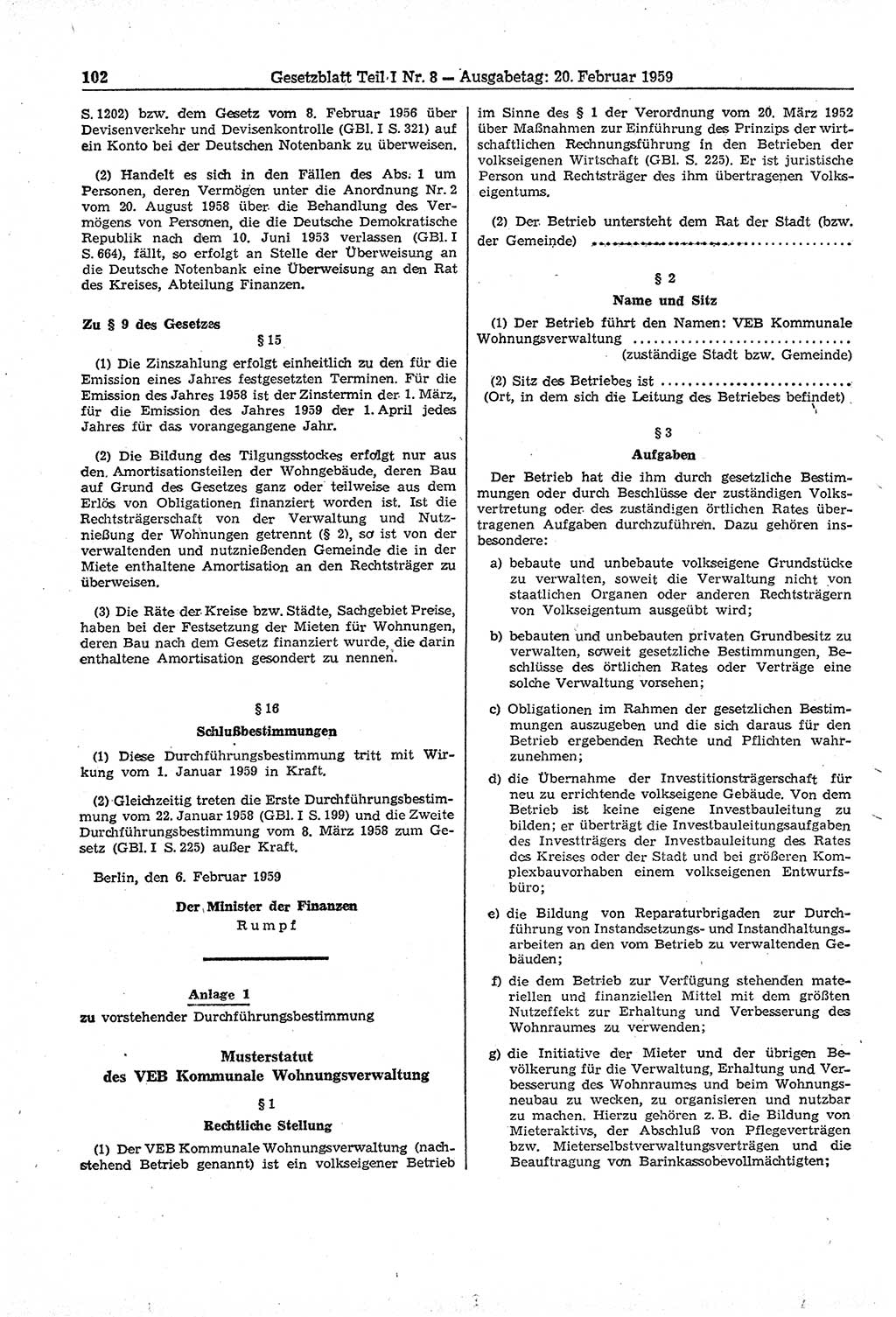 Gesetzblatt (GBl.) der Deutschen Demokratischen Republik (DDR) Teil Ⅰ 1959, Seite 102 (GBl. DDR Ⅰ 1959, S. 102)