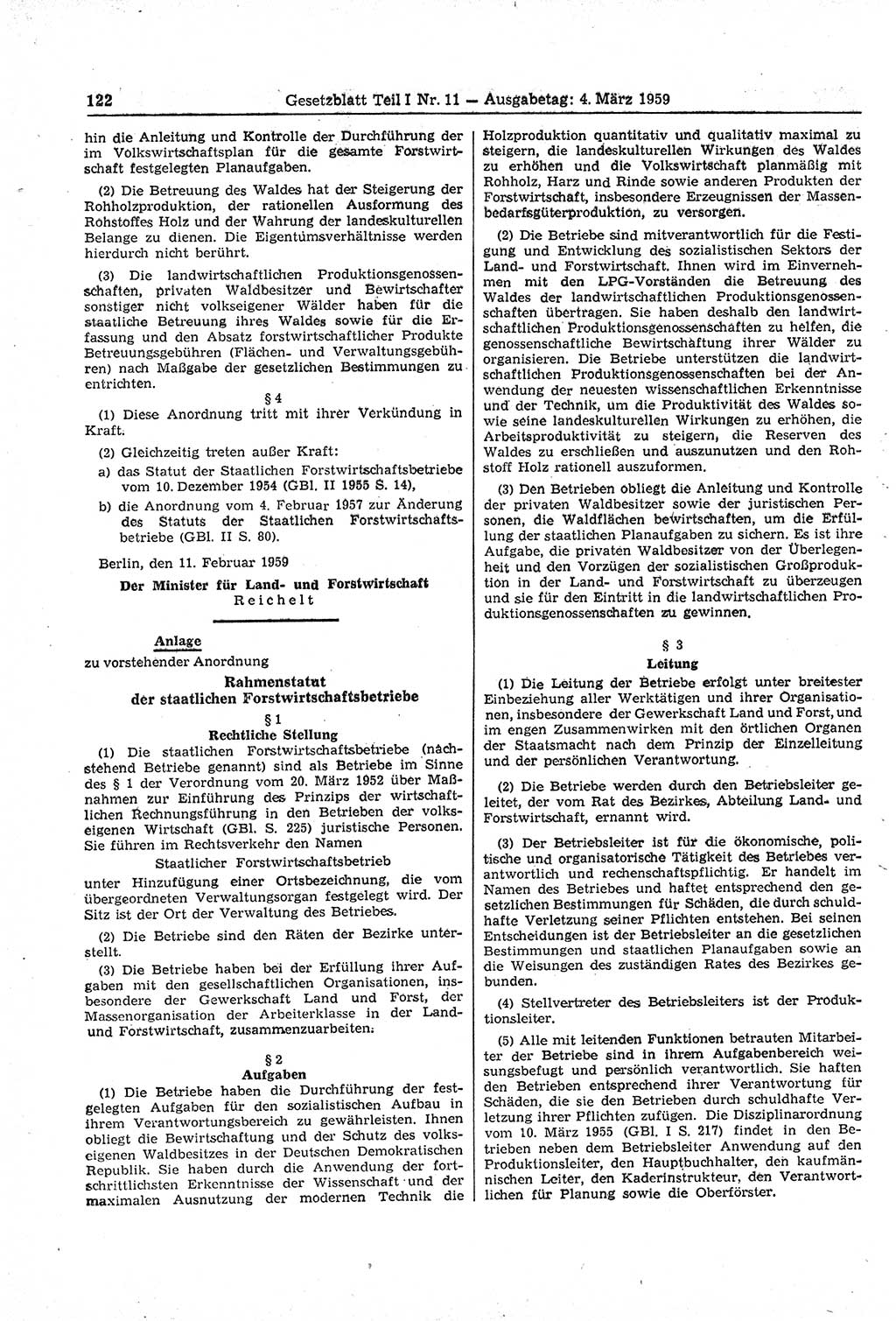 Gesetzblatt (GBl.) der Deutschen Demokratischen Republik (DDR) Teil Ⅰ 1959, Seite 122 (GBl. DDR Ⅰ 1959, S. 122)