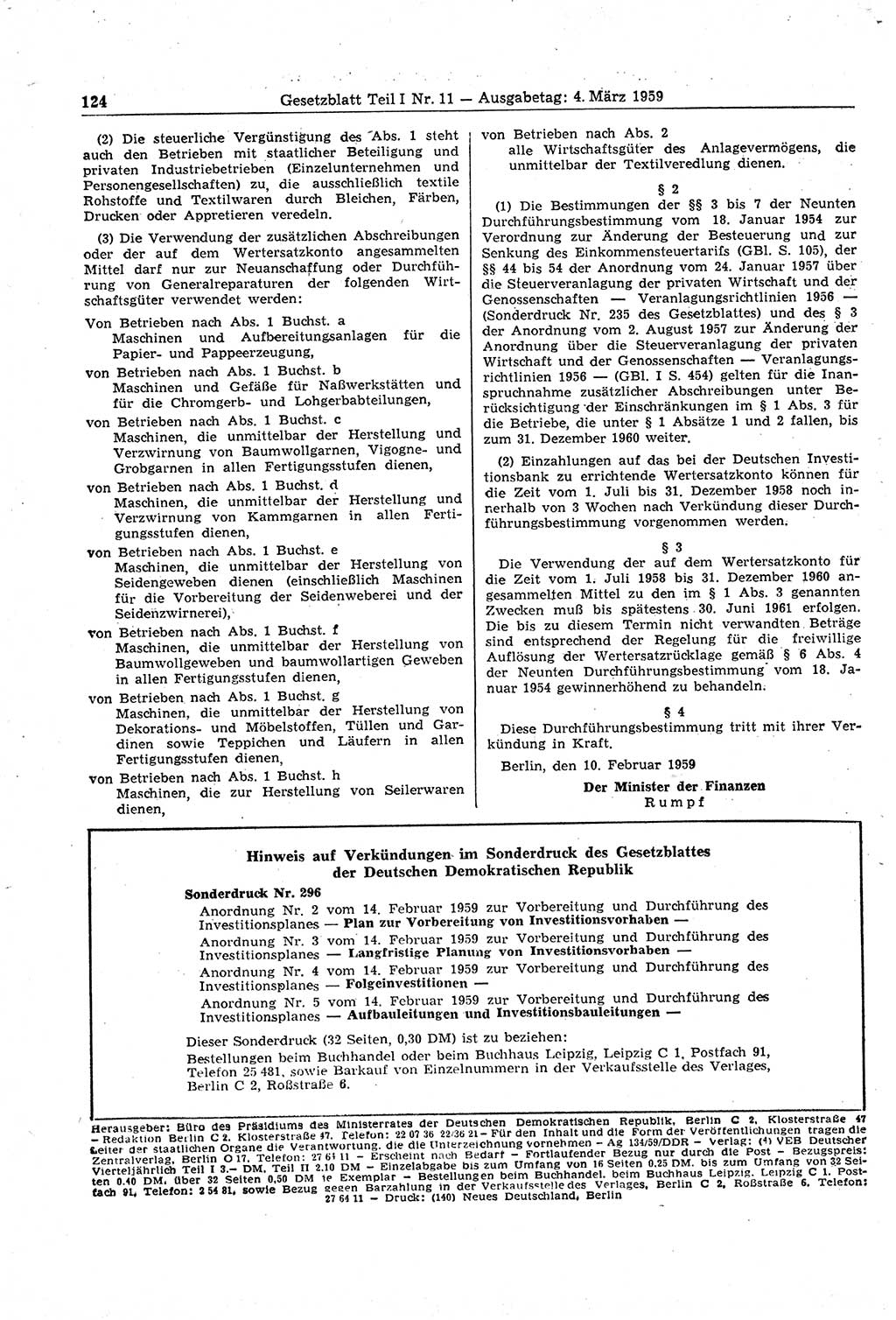 Gesetzblatt (GBl.) der Deutschen Demokratischen Republik (DDR) Teil Ⅰ 1959, Seite 124 (GBl. DDR Ⅰ 1959, S. 124)