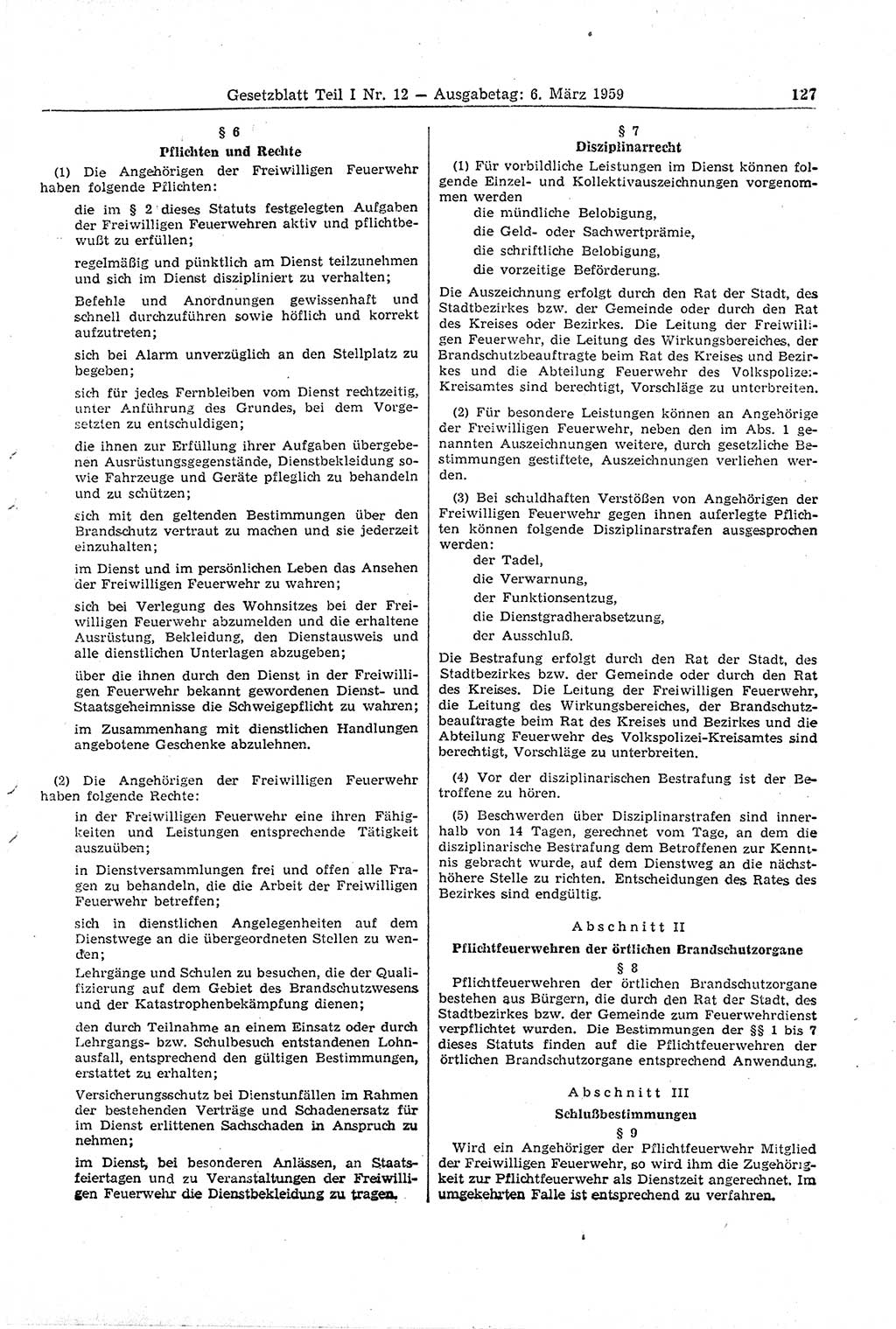 Gesetzblatt (GBl.) der Deutschen Demokratischen Republik (DDR) Teil Ⅰ 1959, Seite 127 (GBl. DDR Ⅰ 1959, S. 127)