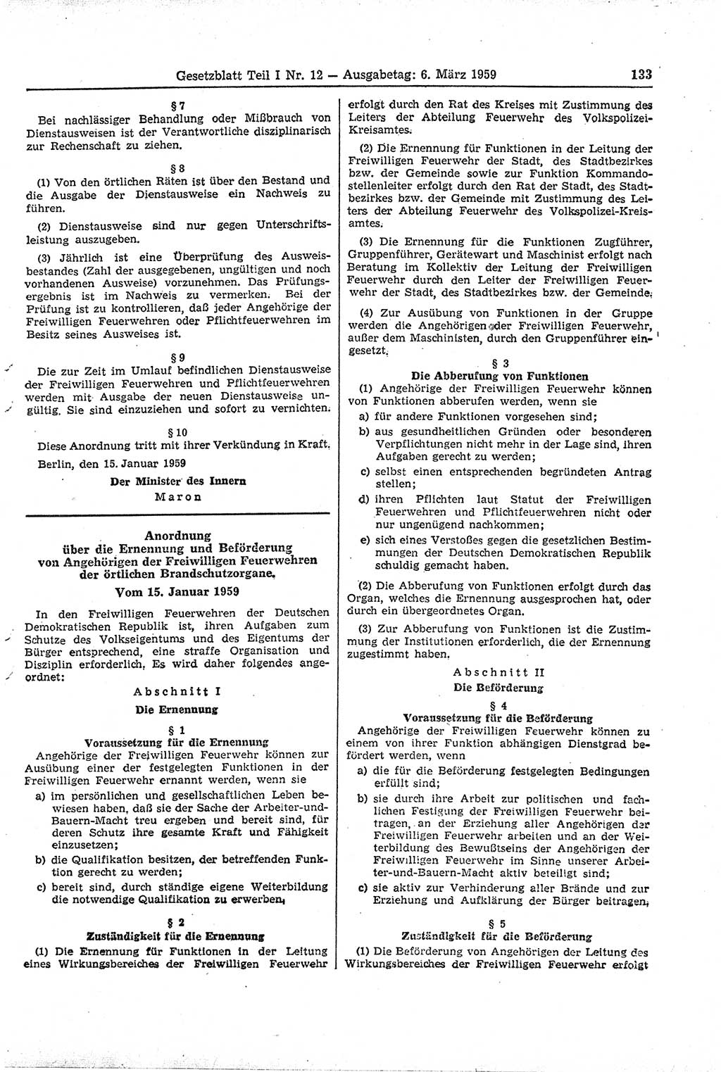 Gesetzblatt (GBl.) der Deutschen Demokratischen Republik (DDR) Teil Ⅰ 1959, Seite 133 (GBl. DDR Ⅰ 1959, S. 133)