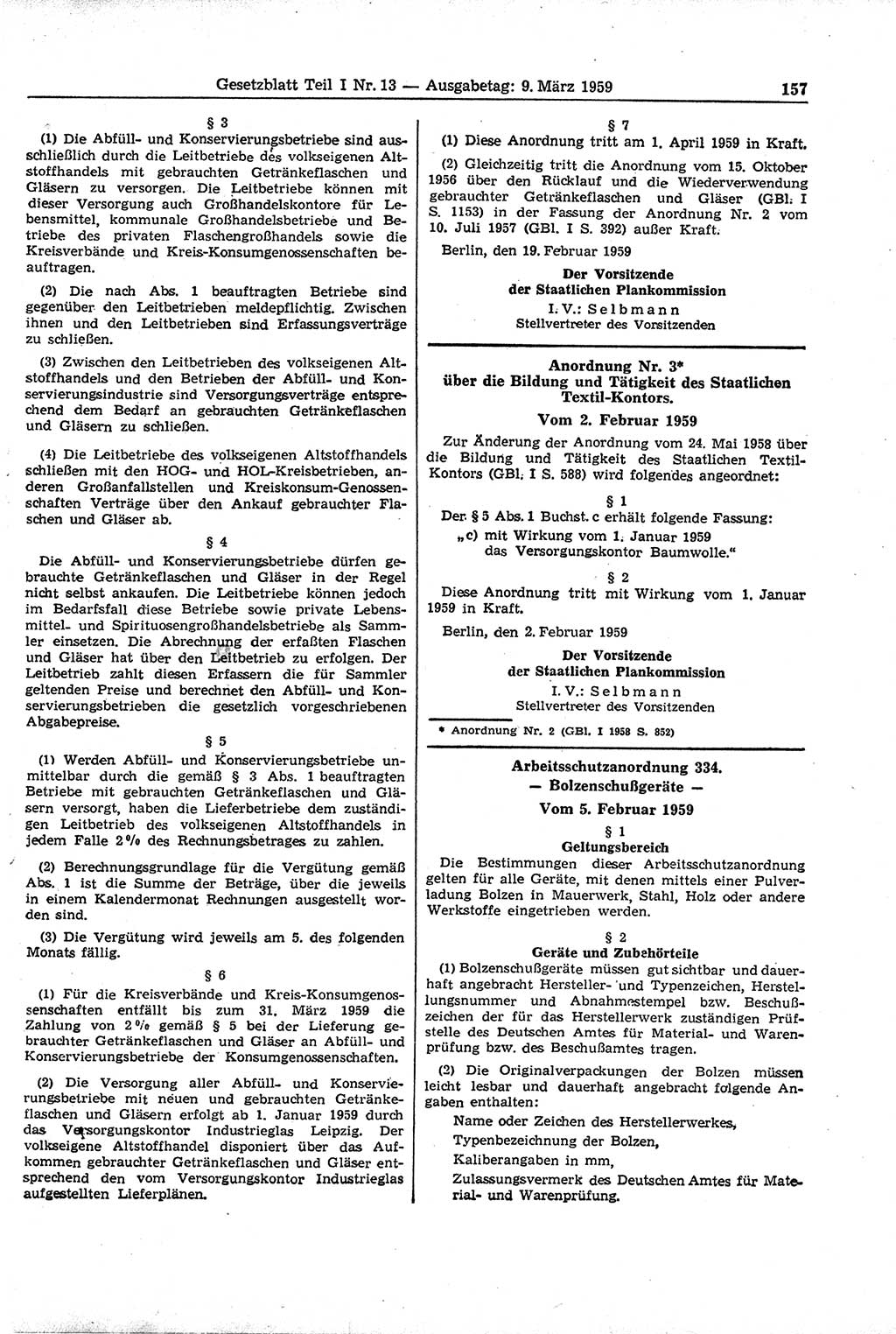 Gesetzblatt (GBl.) der Deutschen Demokratischen Republik (DDR) Teil Ⅰ 1959, Seite 157 (GBl. DDR Ⅰ 1959, S. 157)