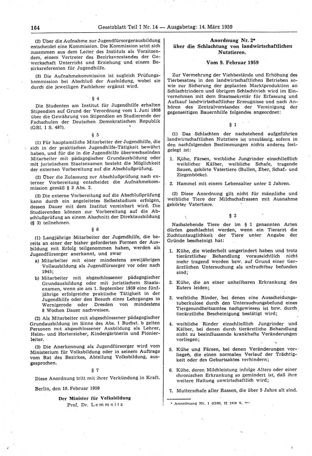 Gesetzblatt (GBl.) der Deutschen Demokratischen Republik (DDR) Teil Ⅰ 1959, Seite 164 (GBl. DDR Ⅰ 1959, S. 164)