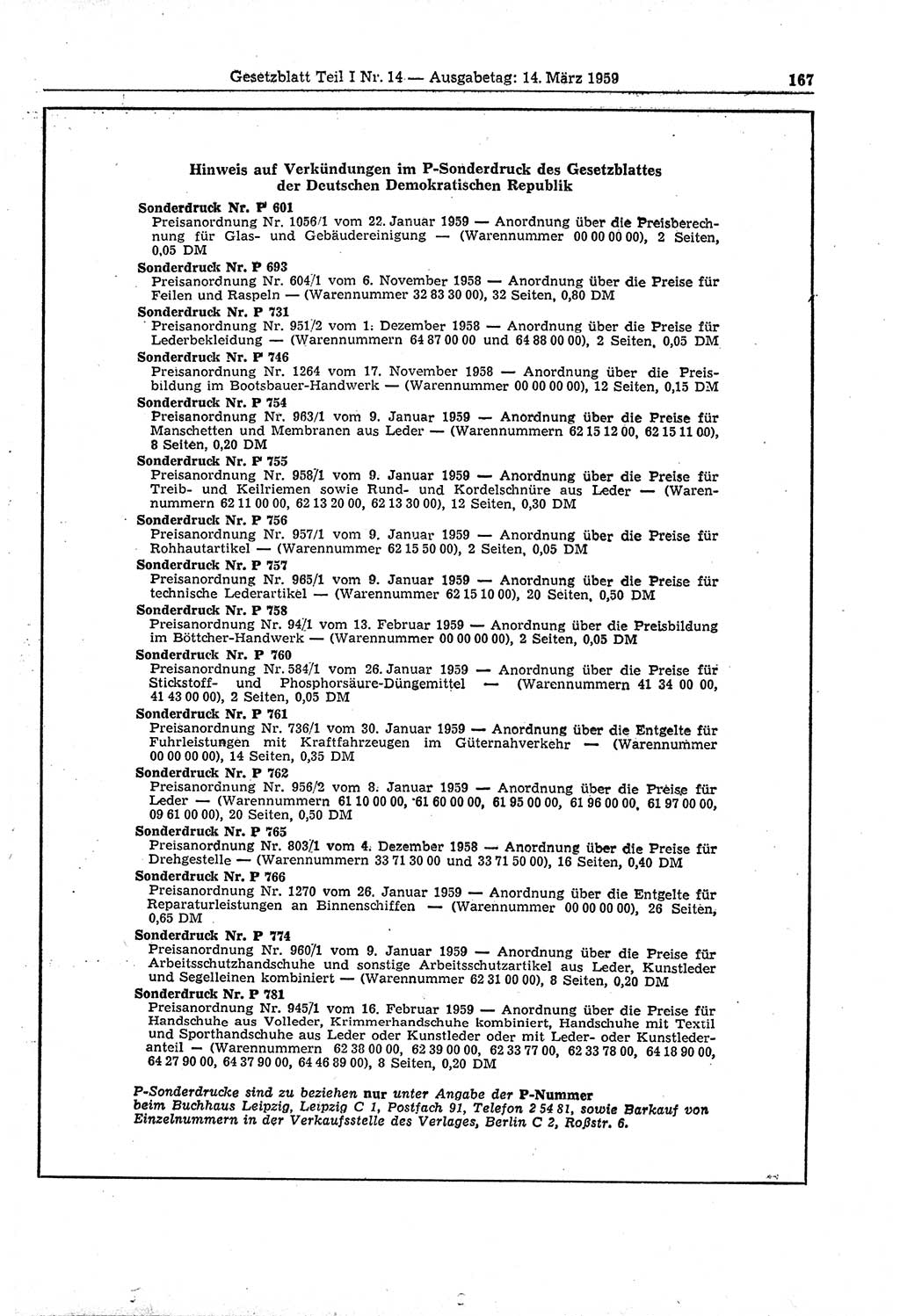 Gesetzblatt (GBl.) der Deutschen Demokratischen Republik (DDR) Teil Ⅰ 1959, Seite 167 (GBl. DDR Ⅰ 1959, S. 167)