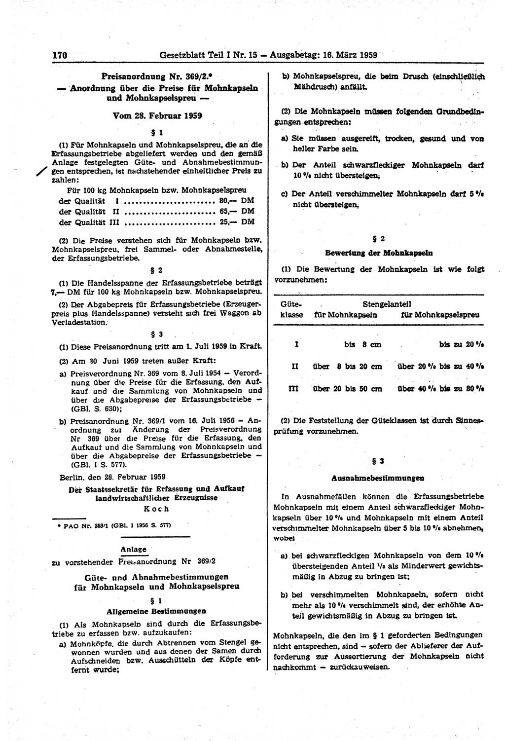 Gesetzblatt (GBl.) der Deutschen Demokratischen Republik (DDR) Teil Ⅰ 1959, Seite 170 (GBl. DDR Ⅰ 1959, S. 170)