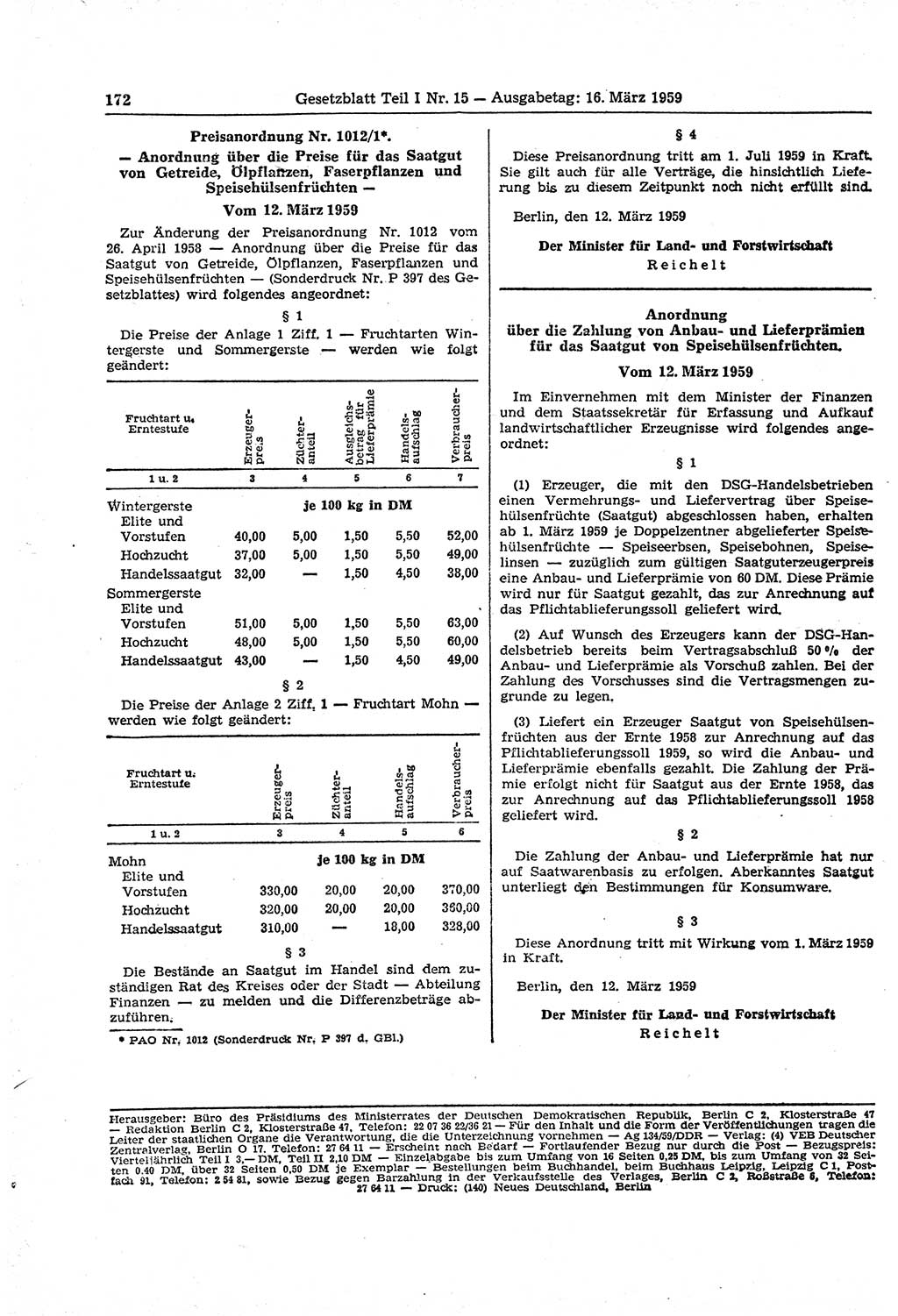 Gesetzblatt (GBl.) der Deutschen Demokratischen Republik (DDR) Teil Ⅰ 1959, Seite 172 (GBl. DDR Ⅰ 1959, S. 172)