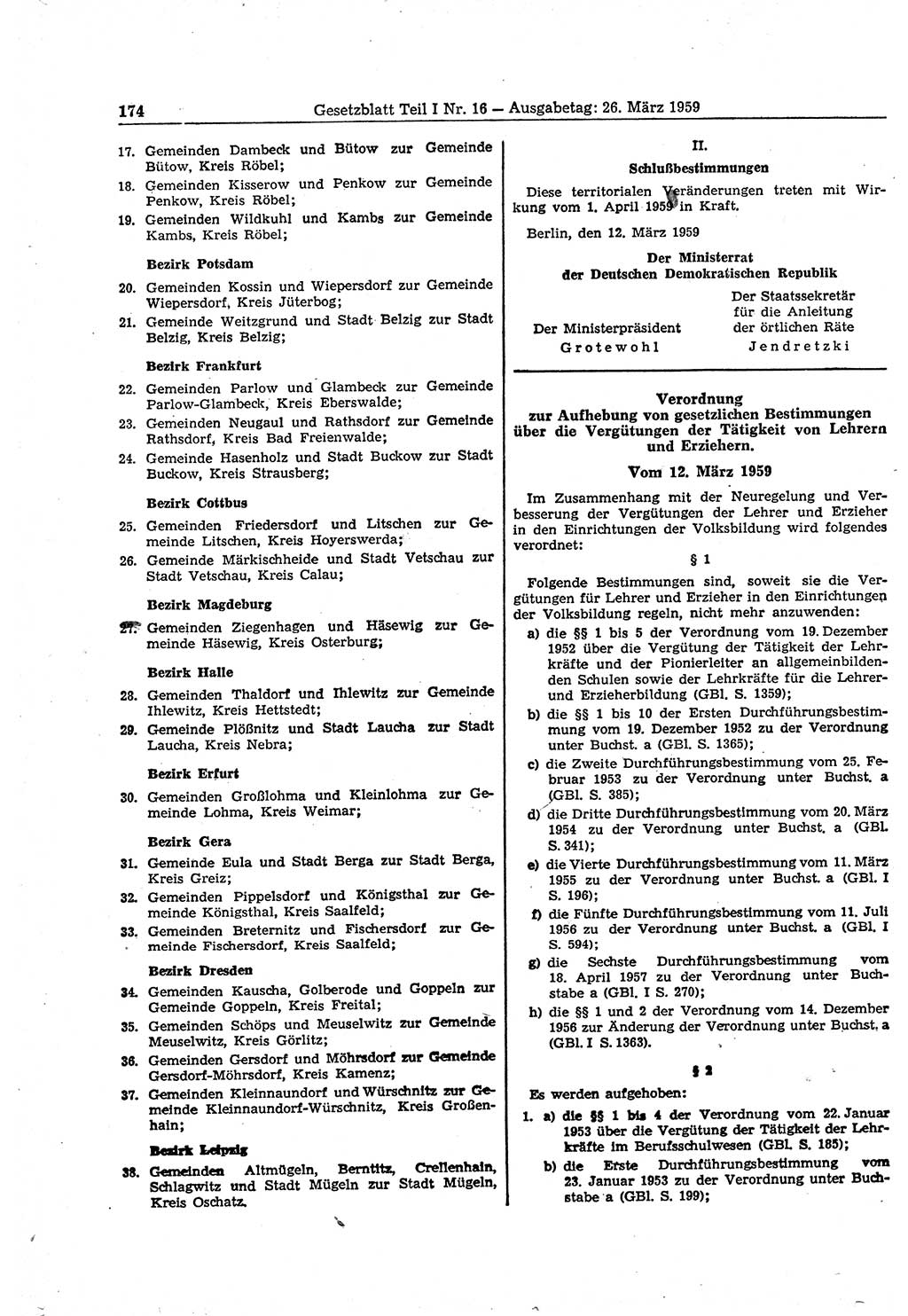 Gesetzblatt (GBl.) der Deutschen Demokratischen Republik (DDR) Teil Ⅰ 1959, Seite 174 (GBl. DDR Ⅰ 1959, S. 174)