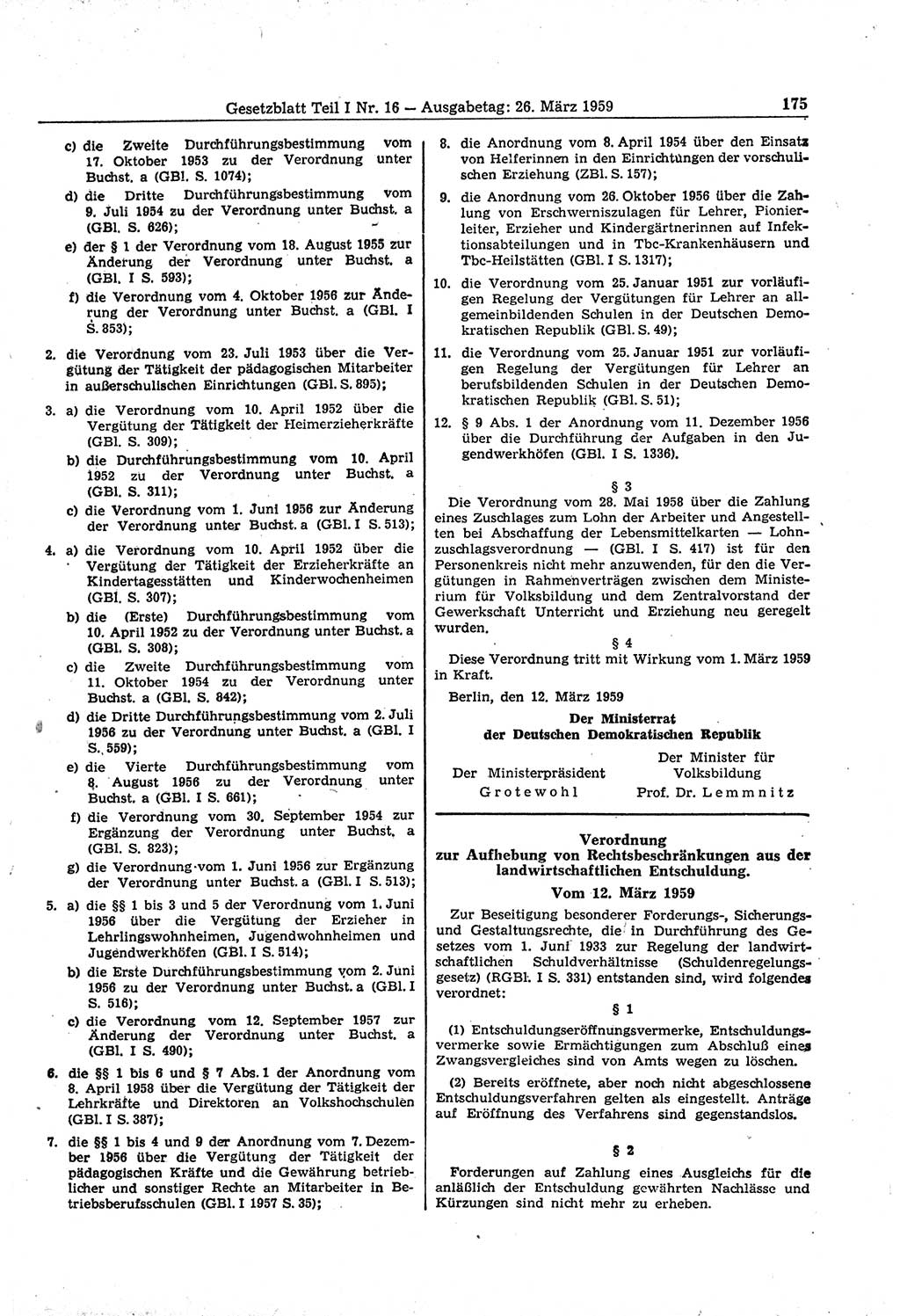 Gesetzblatt (GBl.) der Deutschen Demokratischen Republik (DDR) Teil Ⅰ 1959, Seite 175 (GBl. DDR Ⅰ 1959, S. 175)