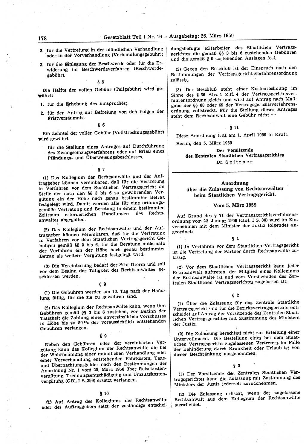 Gesetzblatt (GBl.) der Deutschen Demokratischen Republik (DDR) Teil Ⅰ 1959, Seite 178 (GBl. DDR Ⅰ 1959, S. 178)