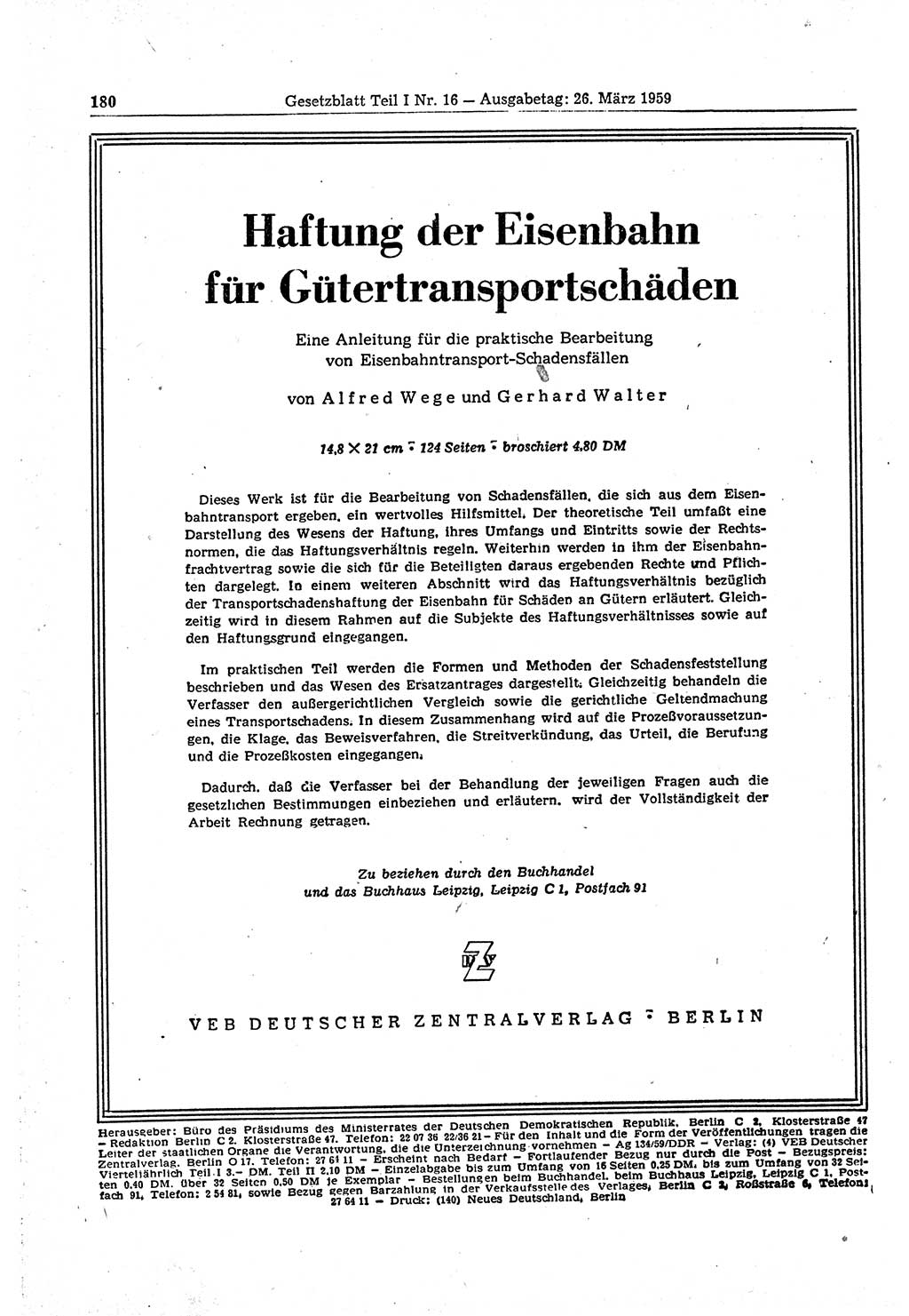 Gesetzblatt (GBl.) der Deutschen Demokratischen Republik (DDR) Teil Ⅰ 1959, Seite 180 (GBl. DDR Ⅰ 1959, S. 180)