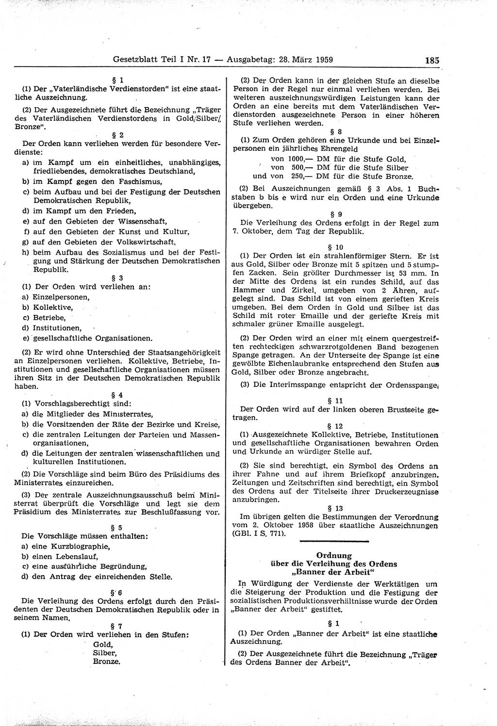 Gesetzblatt (GBl.) der Deutschen Demokratischen Republik (DDR) Teil Ⅰ 1959, Seite 185 (GBl. DDR Ⅰ 1959, S. 185)