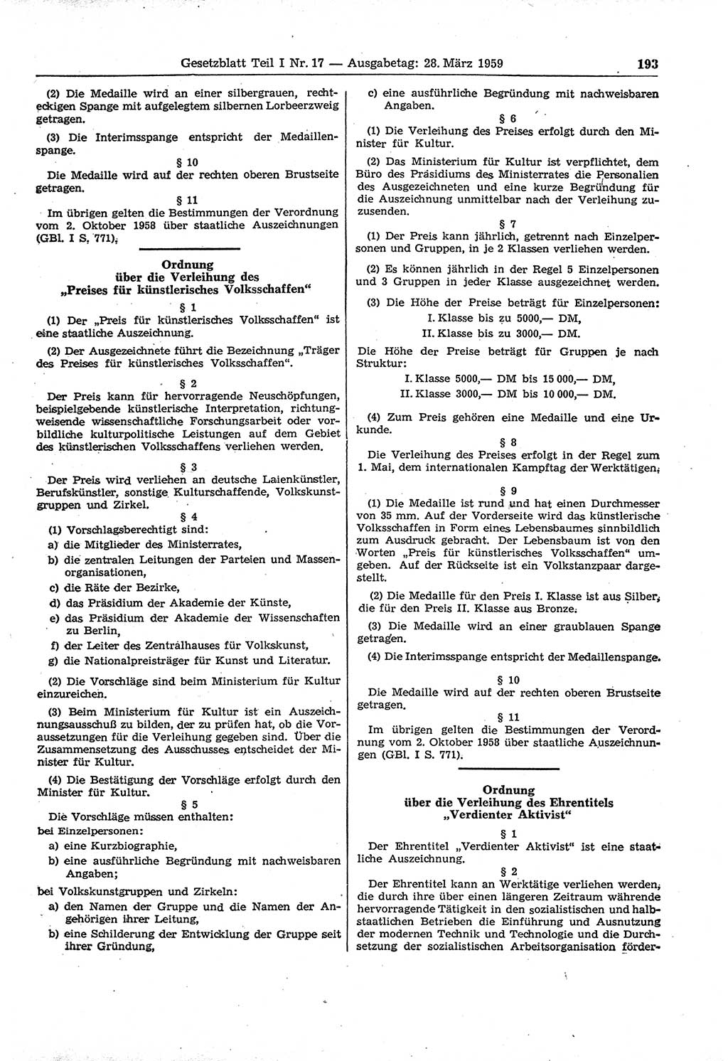 Gesetzblatt (GBl.) der Deutschen Demokratischen Republik (DDR) Teil Ⅰ 1959, Seite 193 (GBl. DDR Ⅰ 1959, S. 193)