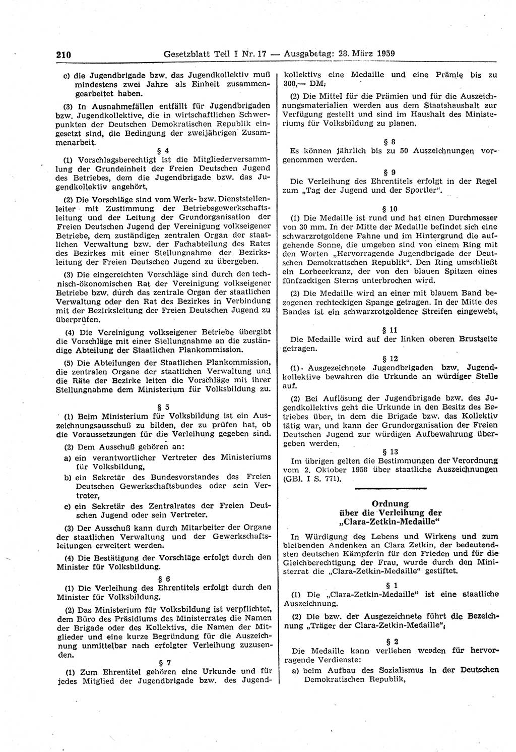 Gesetzblatt (GBl.) der Deutschen Demokratischen Republik (DDR) Teil Ⅰ 1959, Seite 210 (GBl. DDR Ⅰ 1959, S. 210)