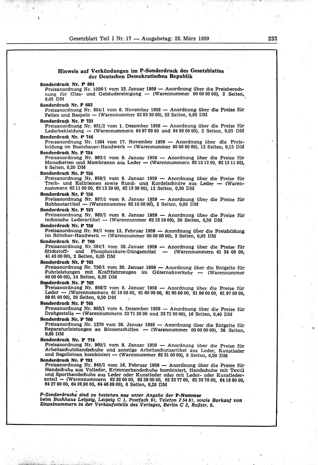 Gesetzblatt (GBl.) der Deutschen Demokratischen Republik (DDR) Teil Ⅰ 1959, Seite 233 (GBl. DDR Ⅰ 1959, S. 233)
