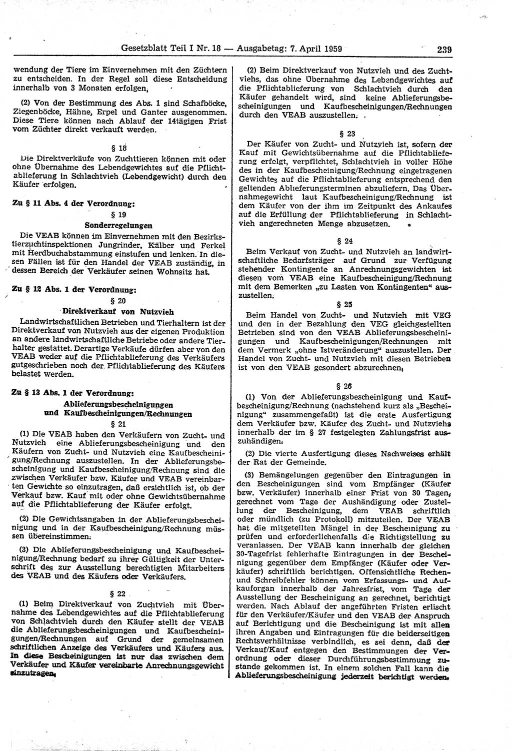 Gesetzblatt (GBl.) der Deutschen Demokratischen Republik (DDR) Teil Ⅰ 1959, Seite 239 (GBl. DDR Ⅰ 1959, S. 239)