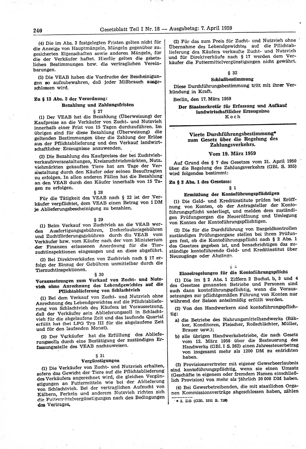 Gesetzblatt (GBl.) der Deutschen Demokratischen Republik (DDR) Teil Ⅰ 1959, Seite 240 (GBl. DDR Ⅰ 1959, S. 240)
