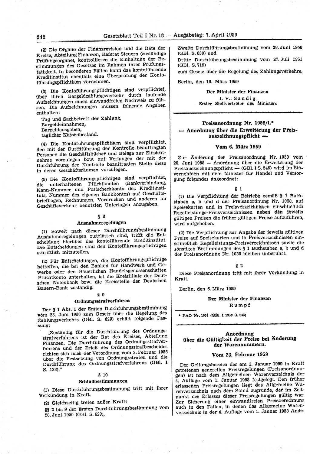 Gesetzblatt (GBl.) der Deutschen Demokratischen Republik (DDR) Teil Ⅰ 1959, Seite 242 (GBl. DDR Ⅰ 1959, S. 242)