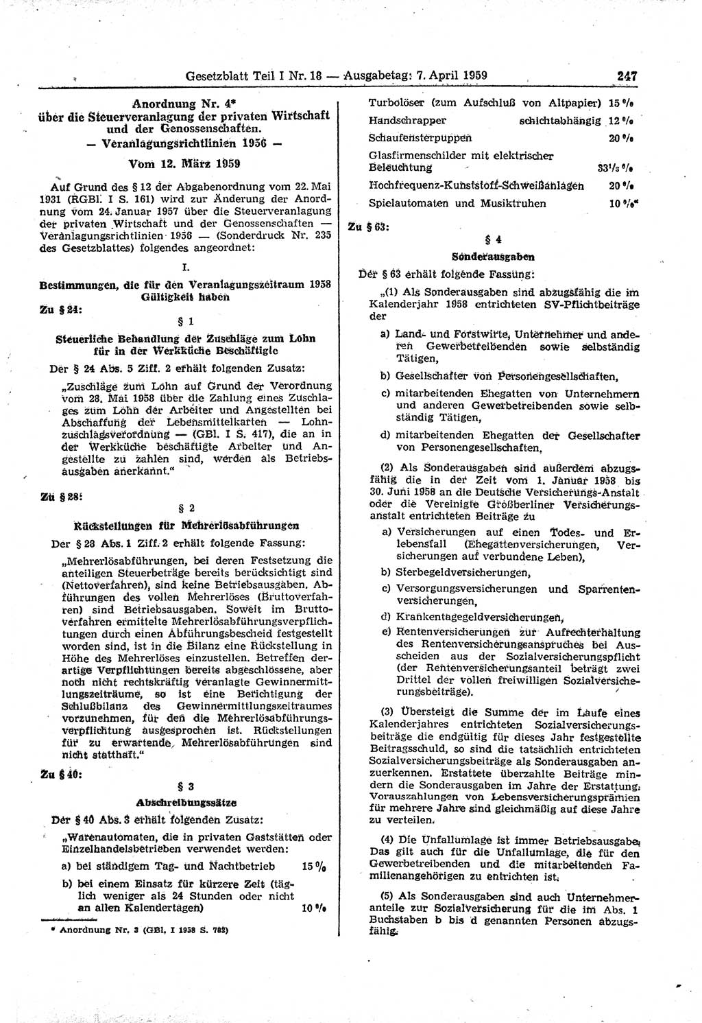 Gesetzblatt (GBl.) der Deutschen Demokratischen Republik (DDR) Teil Ⅰ 1959, Seite 247 (GBl. DDR Ⅰ 1959, S. 247)