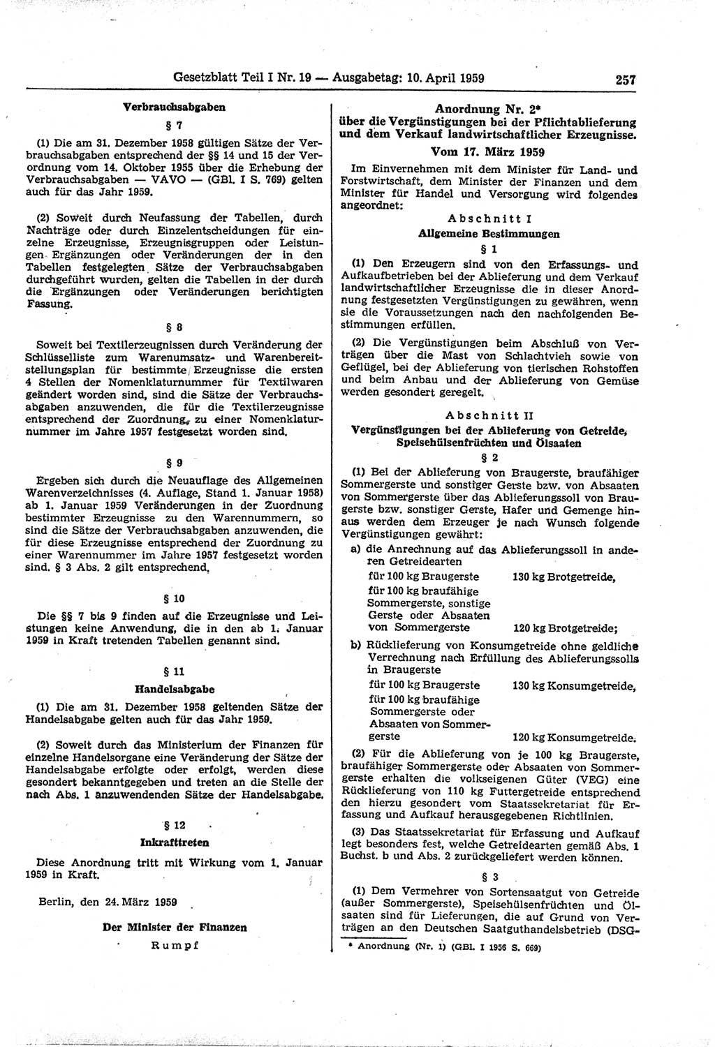 Gesetzblatt (GBl.) der Deutschen Demokratischen Republik (DDR) Teil Ⅰ 1959, Seite 257 (GBl. DDR Ⅰ 1959, S. 257)