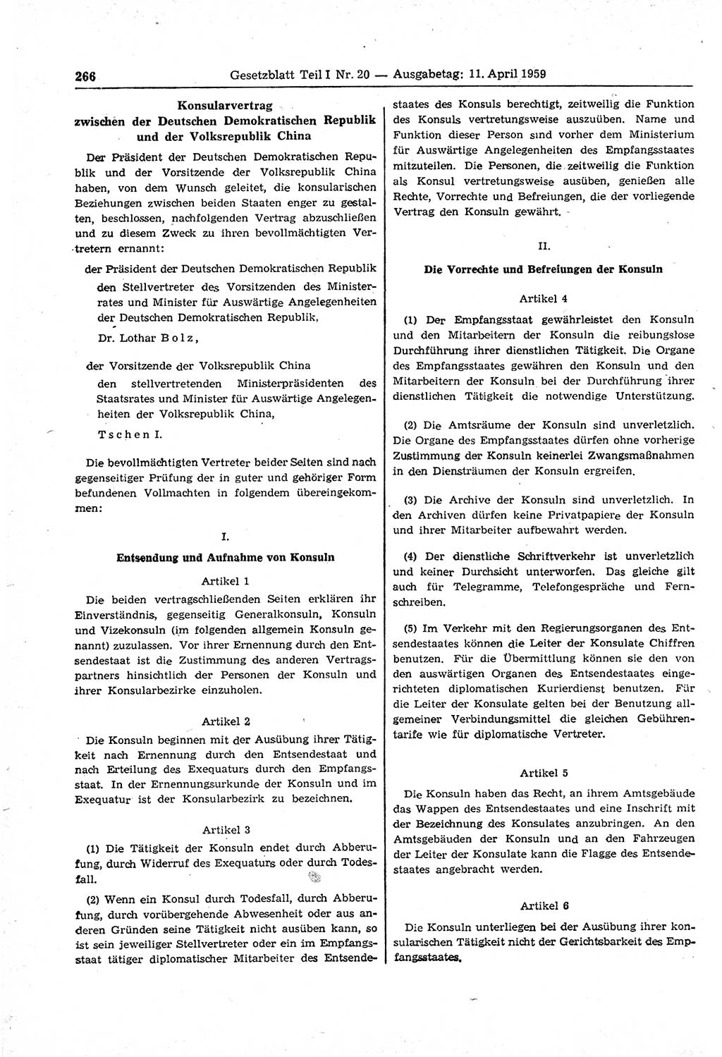 Gesetzblatt (GBl.) der Deutschen Demokratischen Republik (DDR) Teil Ⅰ 1959, Seite 266 (GBl. DDR Ⅰ 1959, S. 266)