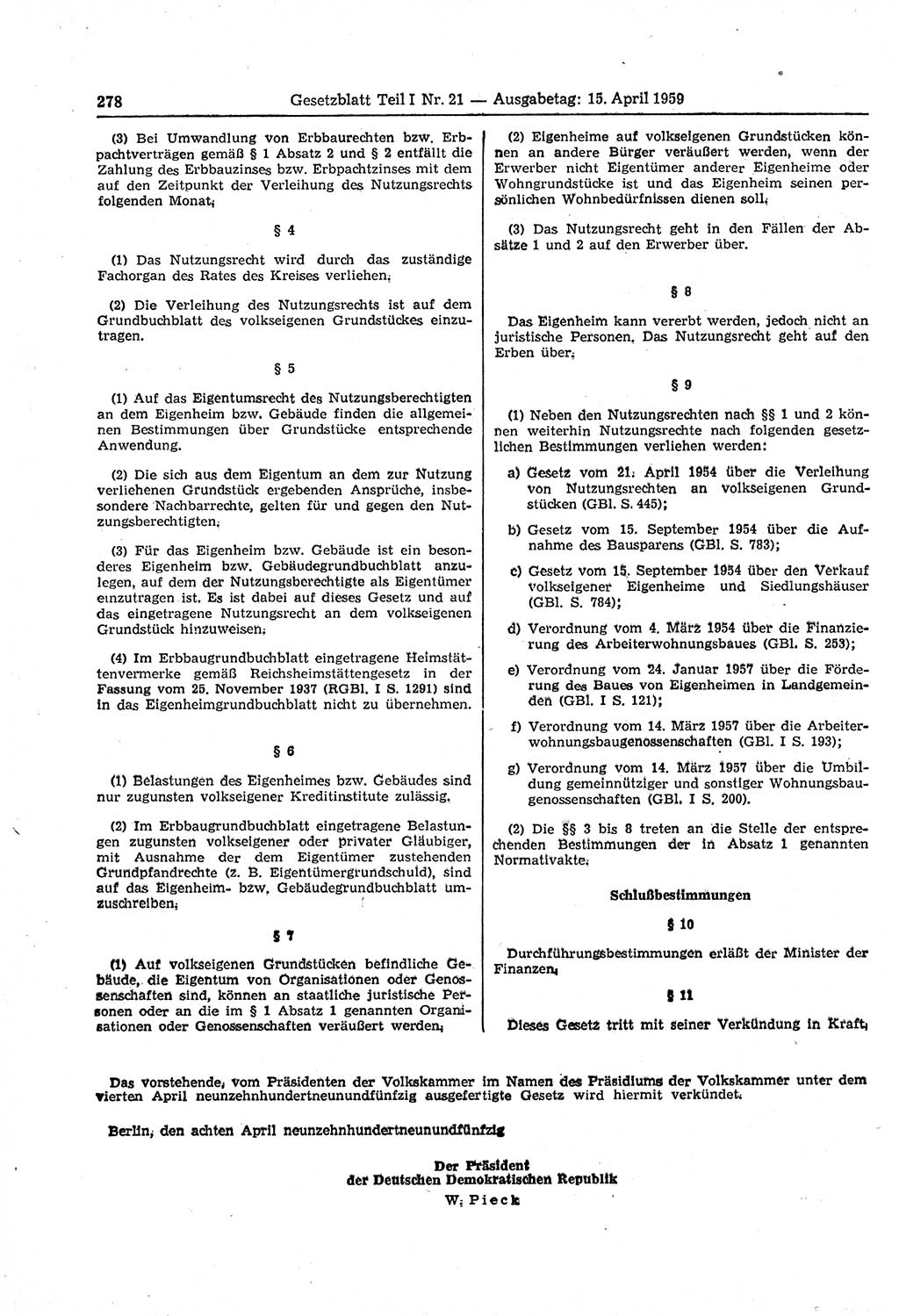 Gesetzblatt (GBl.) der Deutschen Demokratischen Republik (DDR) Teil Ⅰ 1959, Seite 278 (GBl. DDR Ⅰ 1959, S. 278)