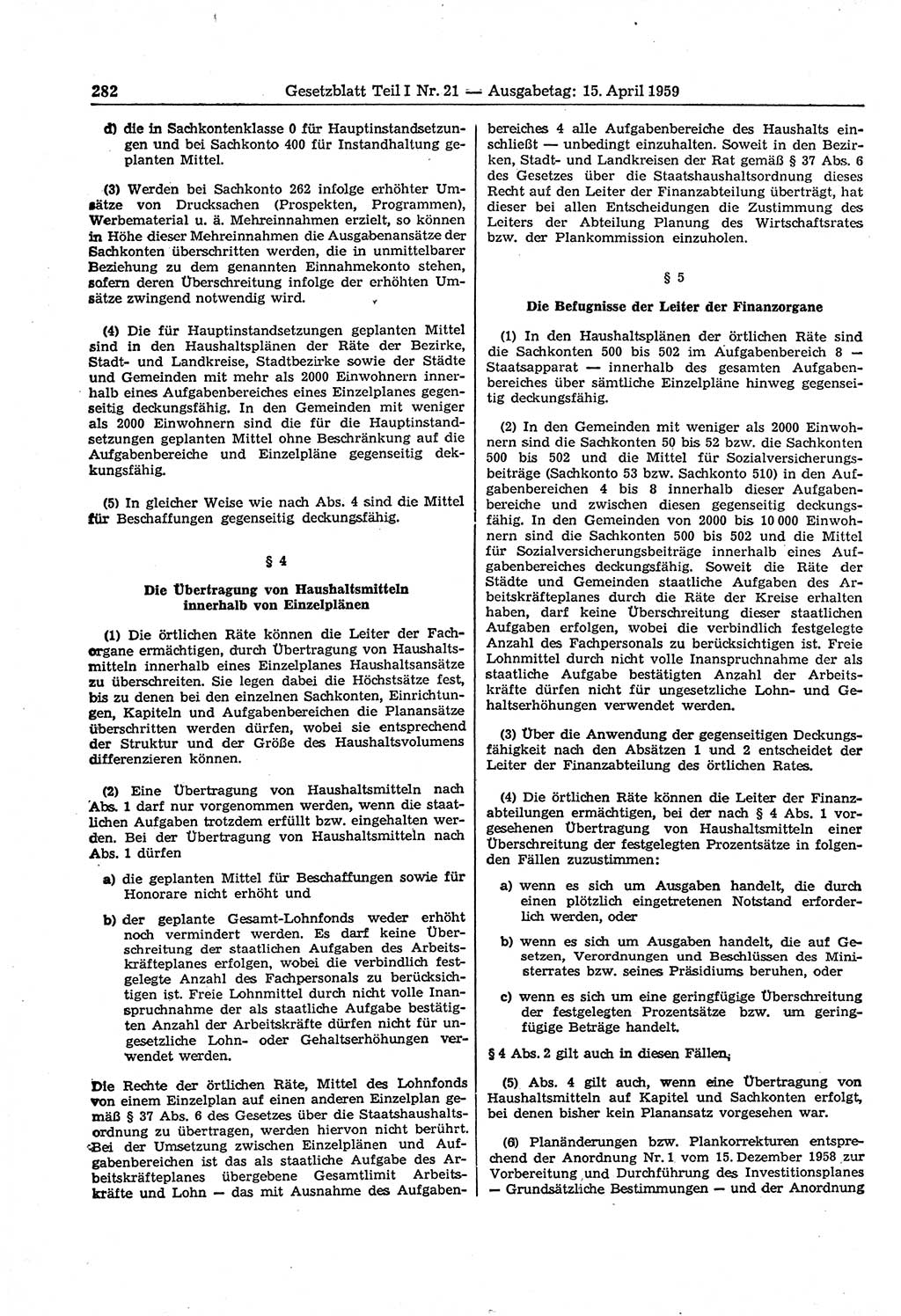 Gesetzblatt (GBl.) der Deutschen Demokratischen Republik (DDR) Teil Ⅰ 1959, Seite 282 (GBl. DDR Ⅰ 1959, S. 282)