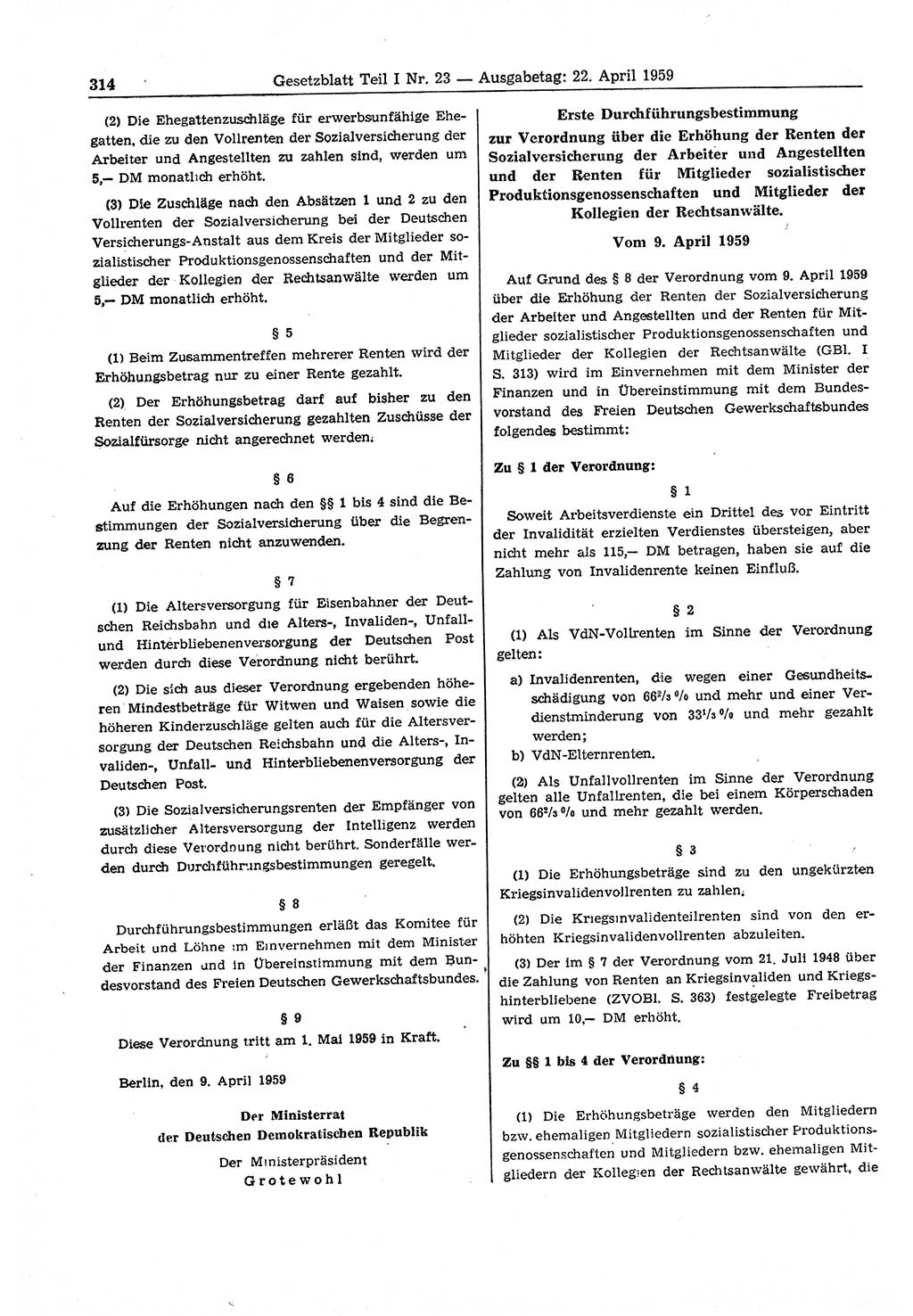 Gesetzblatt (GBl.) der Deutschen Demokratischen Republik (DDR) Teil Ⅰ 1959, Seite 314 (GBl. DDR Ⅰ 1959, S. 314)