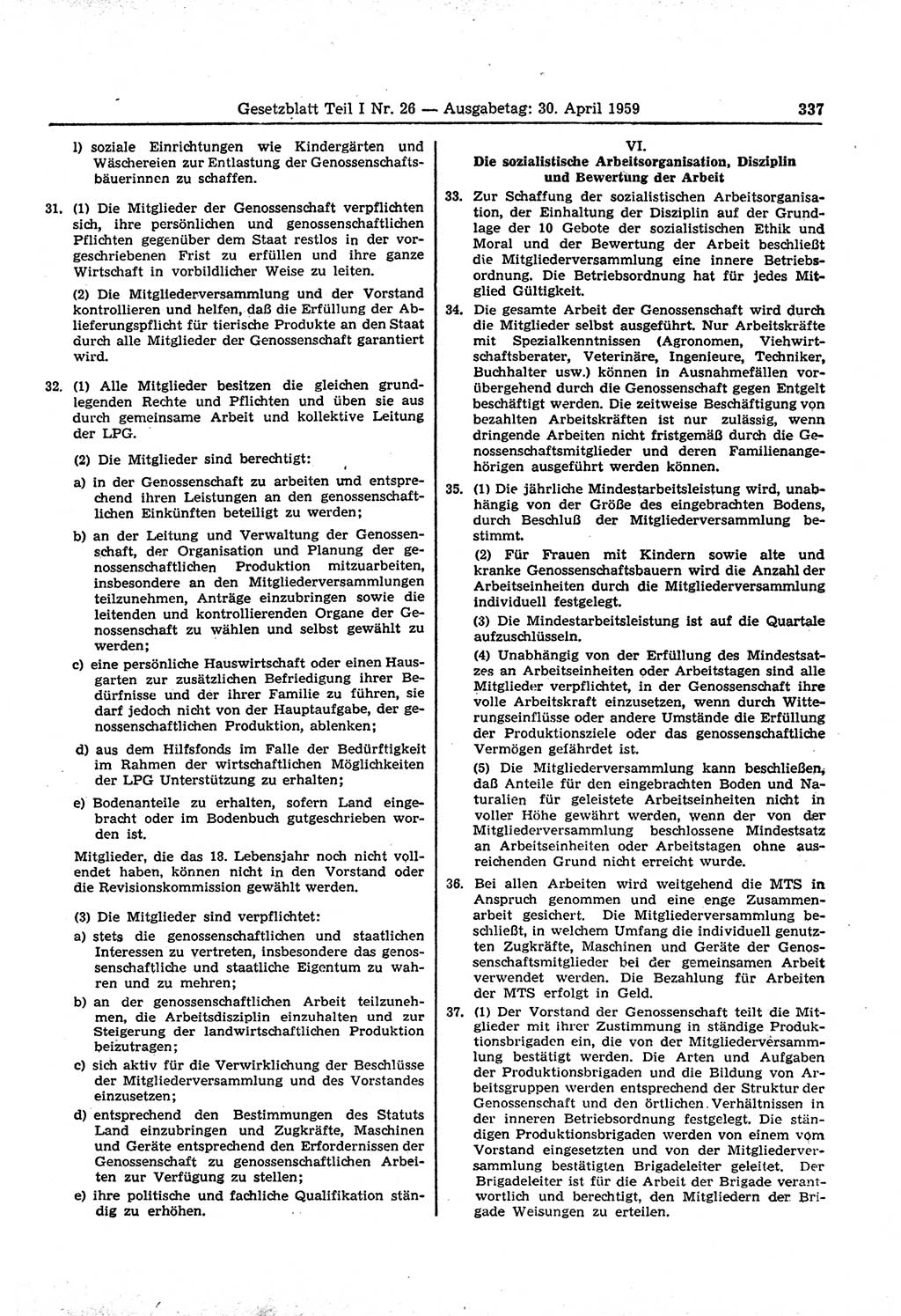 Gesetzblatt (GBl.) der Deutschen Demokratischen Republik (DDR) Teil Ⅰ 1959, Seite 337 (GBl. DDR Ⅰ 1959, S. 337)