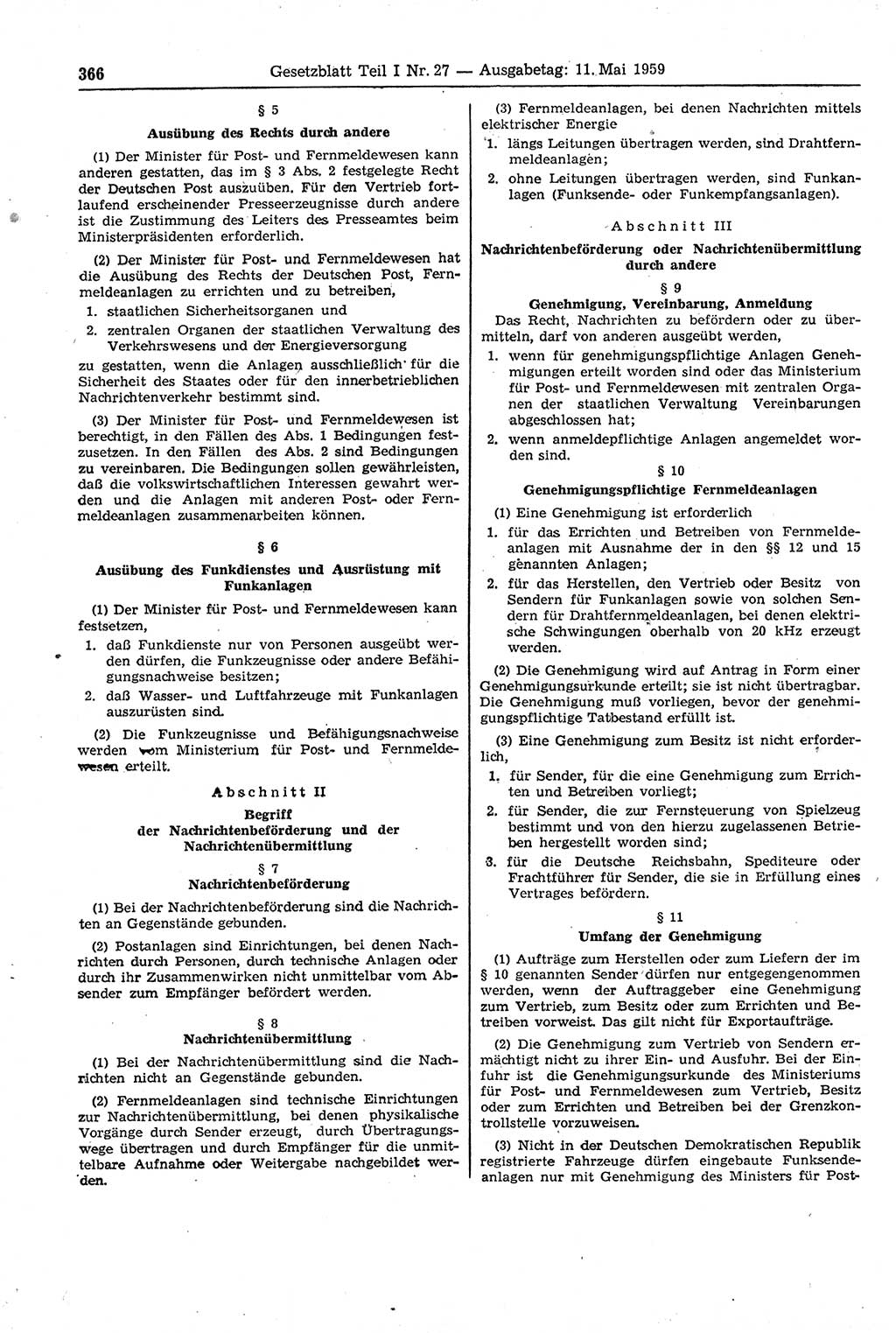 Gesetzblatt (GBl.) der Deutschen Demokratischen Republik (DDR) Teil Ⅰ 1959, Seite 366 (GBl. DDR Ⅰ 1959, S. 366)