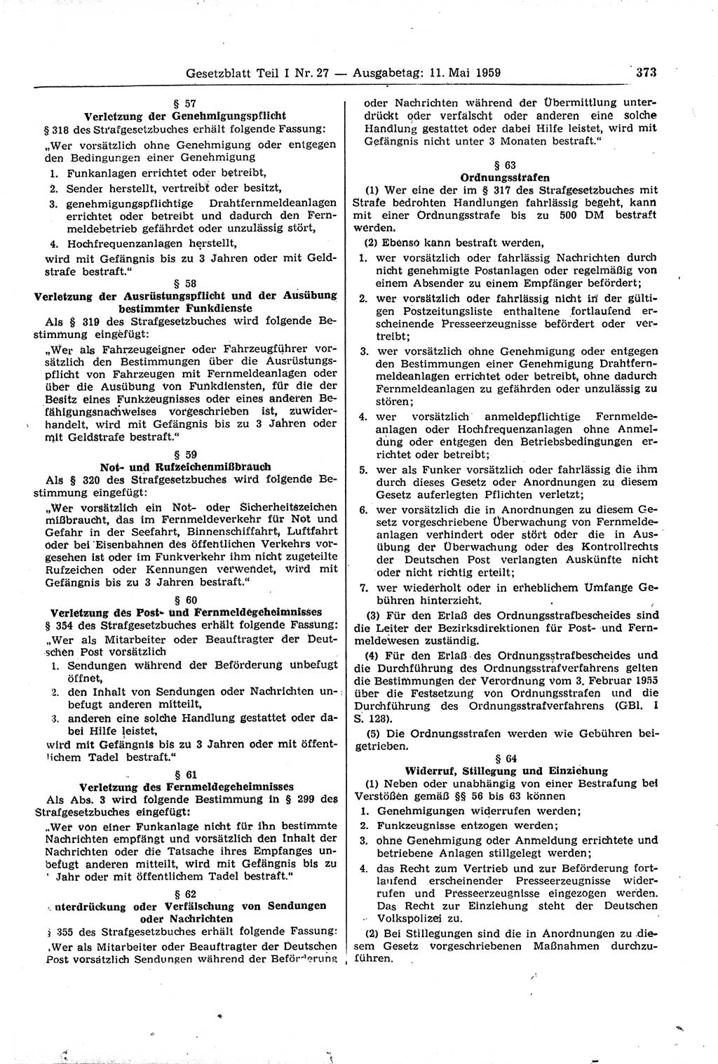 Gesetzblatt (GBl.) der Deutschen Demokratischen Republik (DDR) Teil Ⅰ 1959, Seite 373 (GBl. DDR Ⅰ 1959, S. 373)