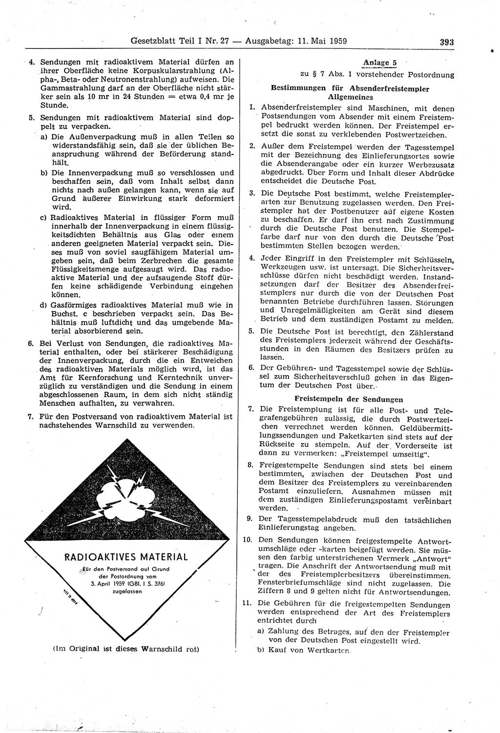 Gesetzblatt (GBl.) der Deutschen Demokratischen Republik (DDR) Teil Ⅰ 1959, Seite 393 (GBl. DDR Ⅰ 1959, S. 393)