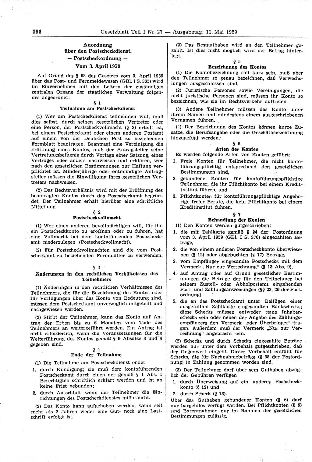 Gesetzblatt (GBl.) der Deutschen Demokratischen Republik (DDR) Teil Ⅰ 1959, Seite 396 (GBl. DDR Ⅰ 1959, S. 396)