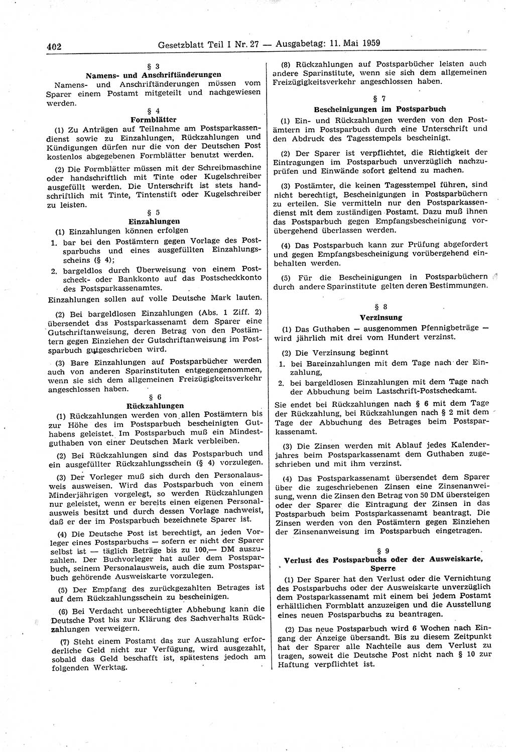 Gesetzblatt (GBl.) der Deutschen Demokratischen Republik (DDR) Teil Ⅰ 1959, Seite 402 (GBl. DDR Ⅰ 1959, S. 402)