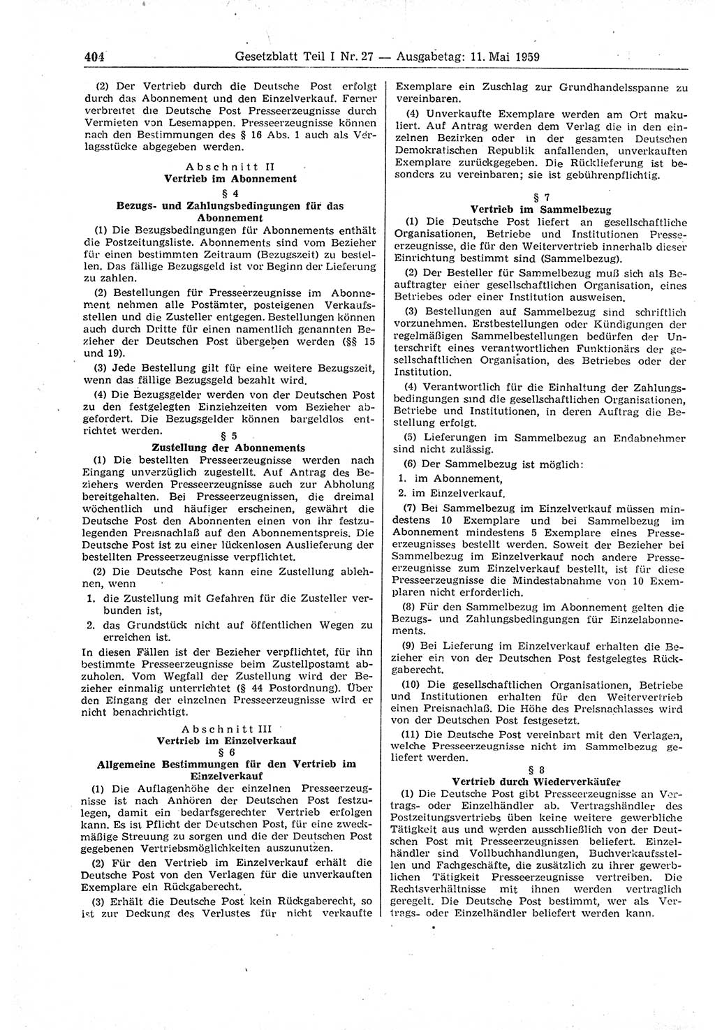Gesetzblatt (GBl.) der Deutschen Demokratischen Republik (DDR) Teil Ⅰ 1959, Seite 404 (GBl. DDR Ⅰ 1959, S. 404)