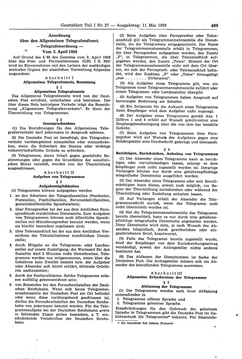Gesetzblatt (GBl.) der Deutschen Demokratischen Republik (DDR) Teil Ⅰ 1959, Seite 409 (GBl. DDR Ⅰ 1959, S. 409)