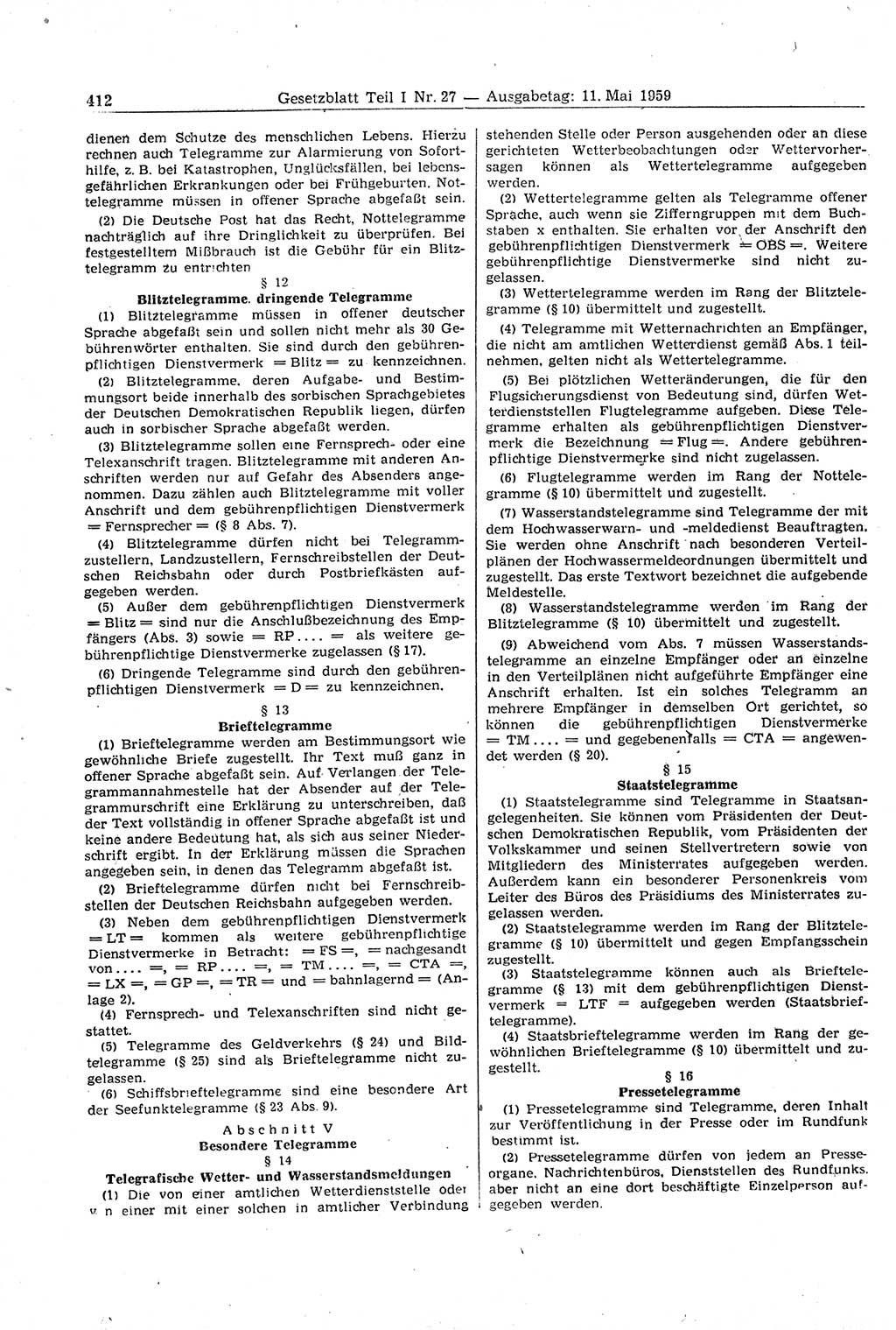 Gesetzblatt (GBl.) der Deutschen Demokratischen Republik (DDR) Teil Ⅰ 1959, Seite 412 (GBl. DDR Ⅰ 1959, S. 412)