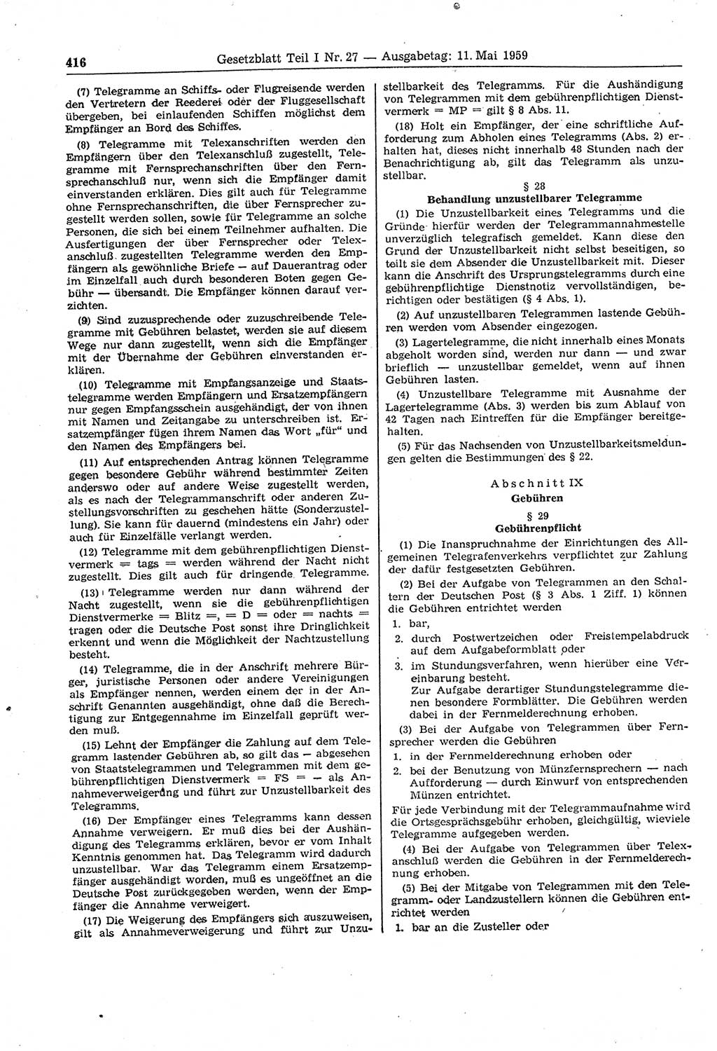 Gesetzblatt (GBl.) der Deutschen Demokratischen Republik (DDR) Teil Ⅰ 1959, Seite 416 (GBl. DDR Ⅰ 1959, S. 416)