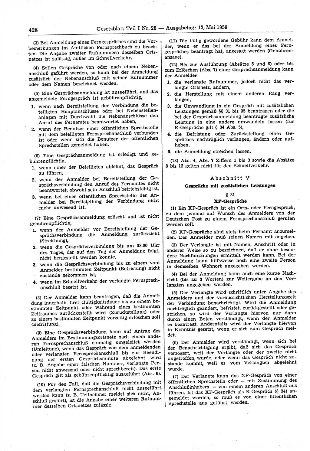 Gesetzblatt (GBl.) der Deutschen Demokratischen Republik (DDR) Teil Ⅰ 1959, Seite 428 (GBl. DDR Ⅰ 1959, S. 428)
