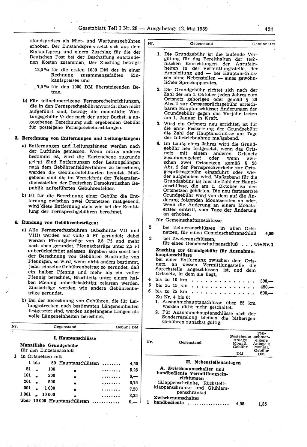 Gesetzblatt (GBl.) der Deutschen Demokratischen Republik (DDR) Teil Ⅰ 1959, Seite 431 (GBl. DDR Ⅰ 1959, S. 431)