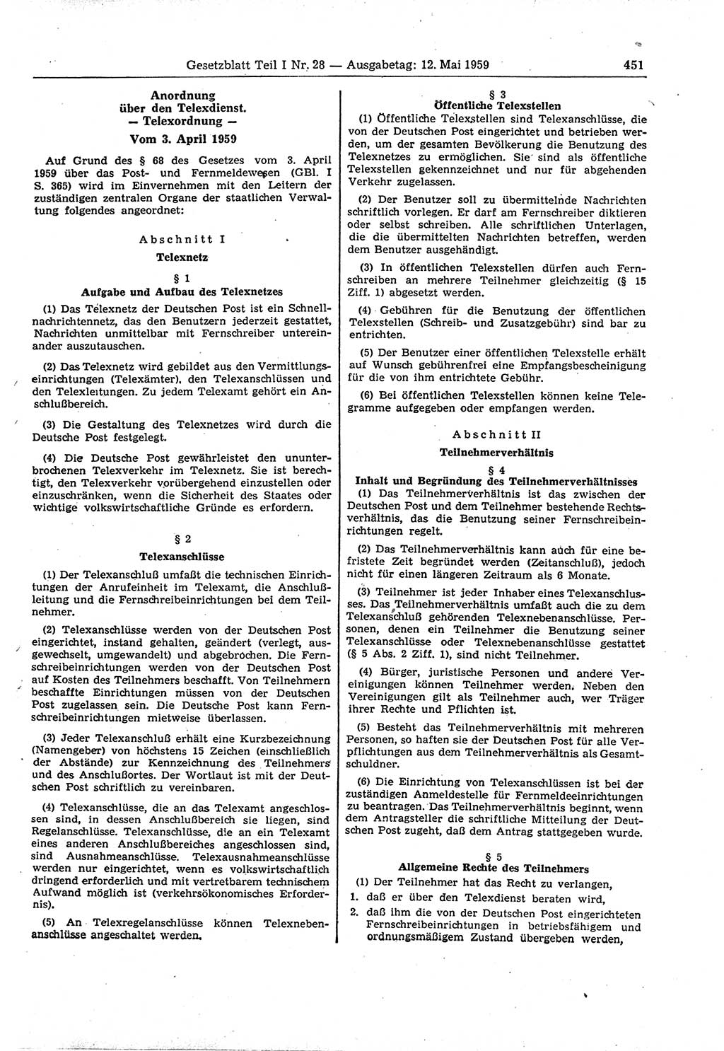 Gesetzblatt (GBl.) der Deutschen Demokratischen Republik (DDR) Teil Ⅰ 1959, Seite 451 (GBl. DDR Ⅰ 1959, S. 451)