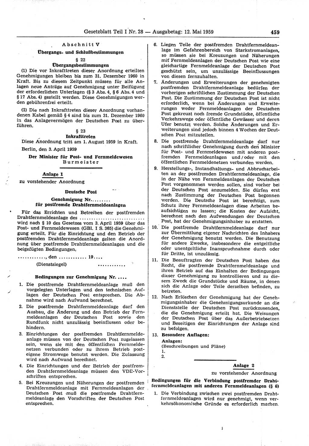 Gesetzblatt (GBl.) der Deutschen Demokratischen Republik (DDR) Teil Ⅰ 1959, Seite 459 (GBl. DDR Ⅰ 1959, S. 459)